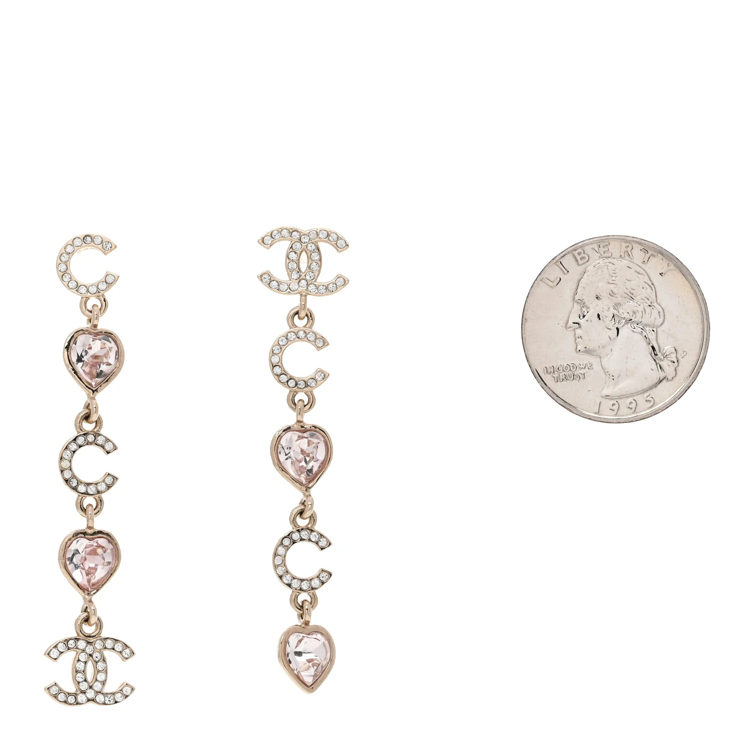 Metal Crystal CC Coco Heart Drop Earrings Gold Pink - Image 2