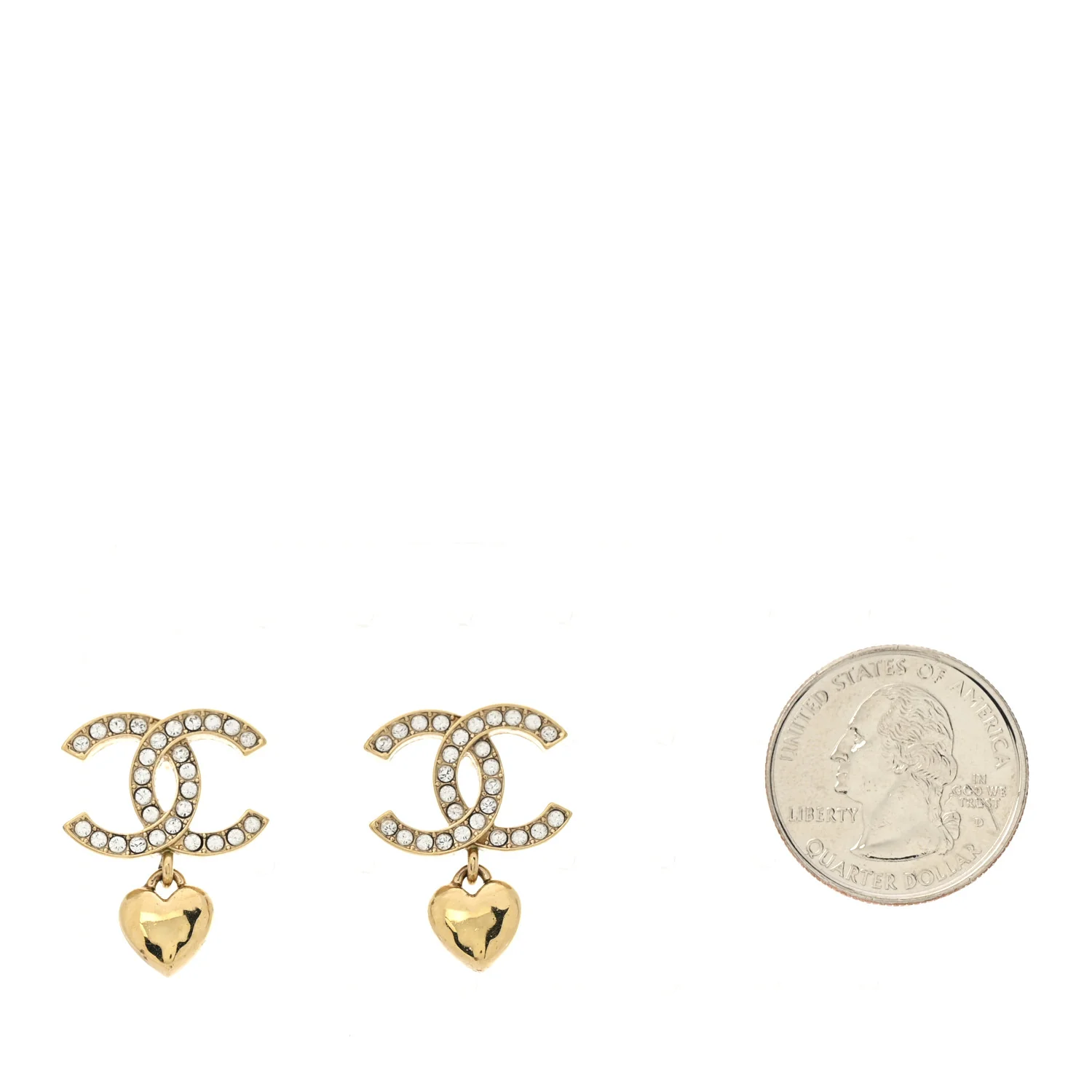 Metal Crystal CC Heart Drop Earrings Gold - Image 2