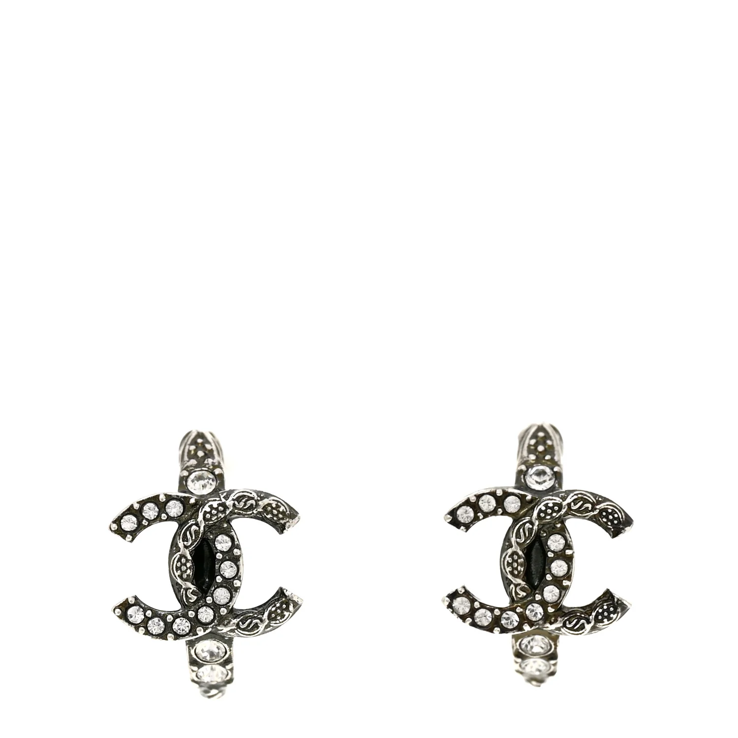 Metal Crystal CC Hoop Earrings Ruthenium