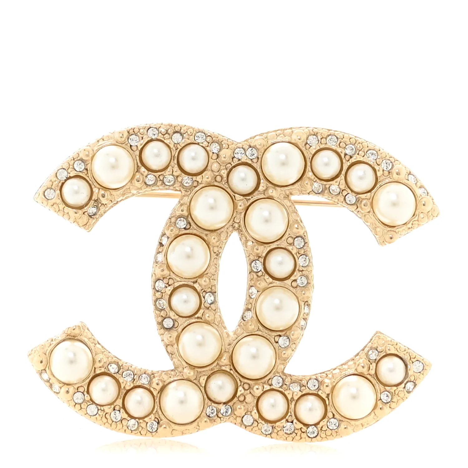Metal Crystal Graduated Pearl CC Brooch Gold