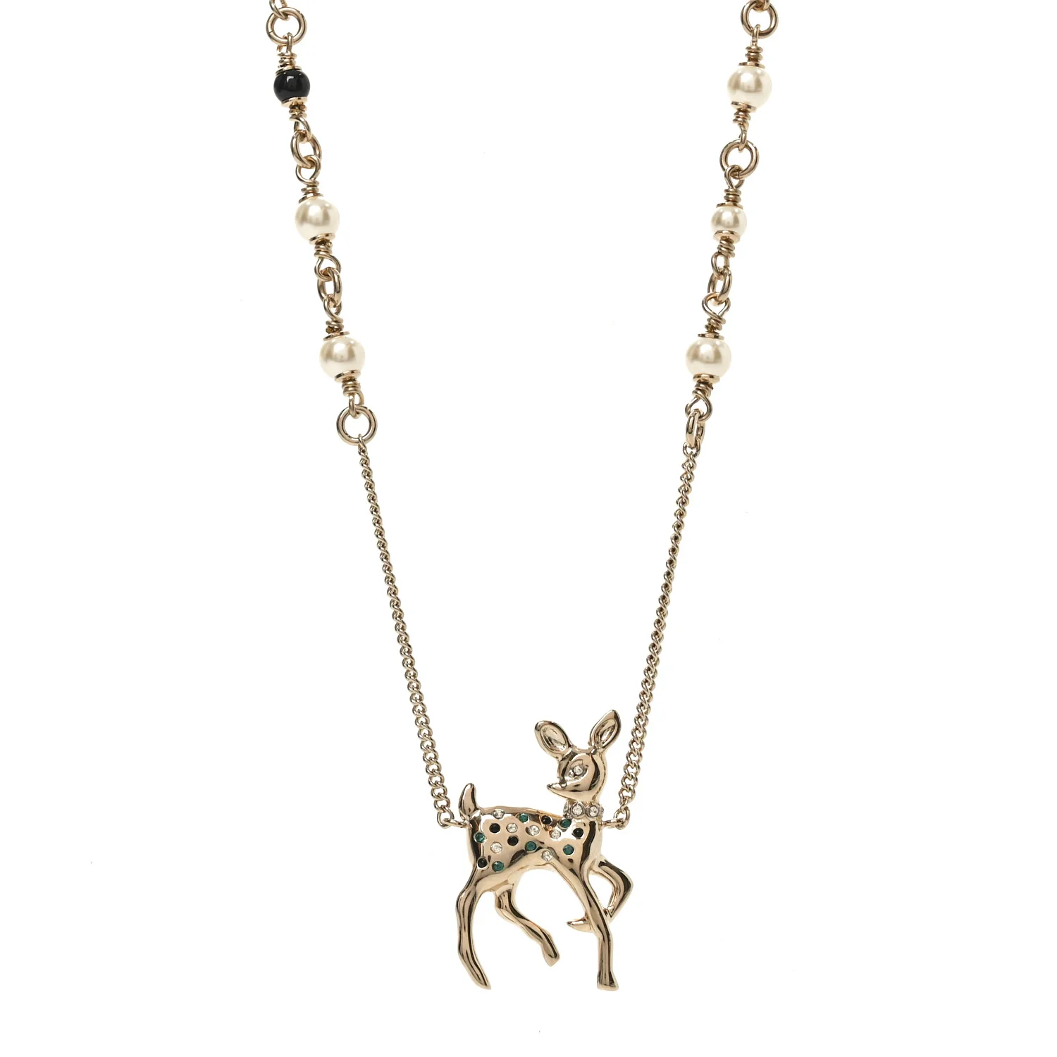 Metal Crystal Pearl Deer Pendant Necklace Green Black Gold