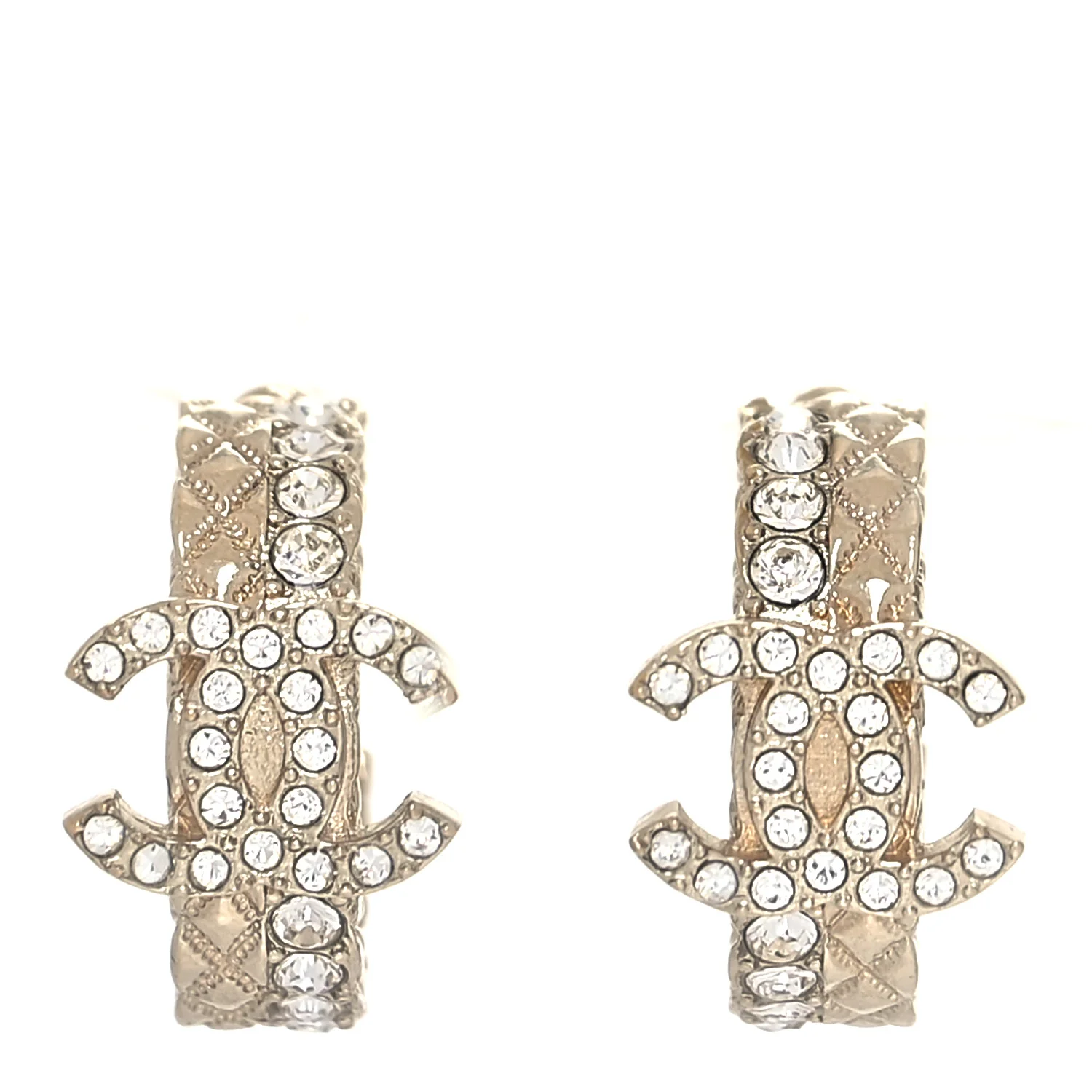 Metal Crystal Quilted CC Hoop Earrings Gold