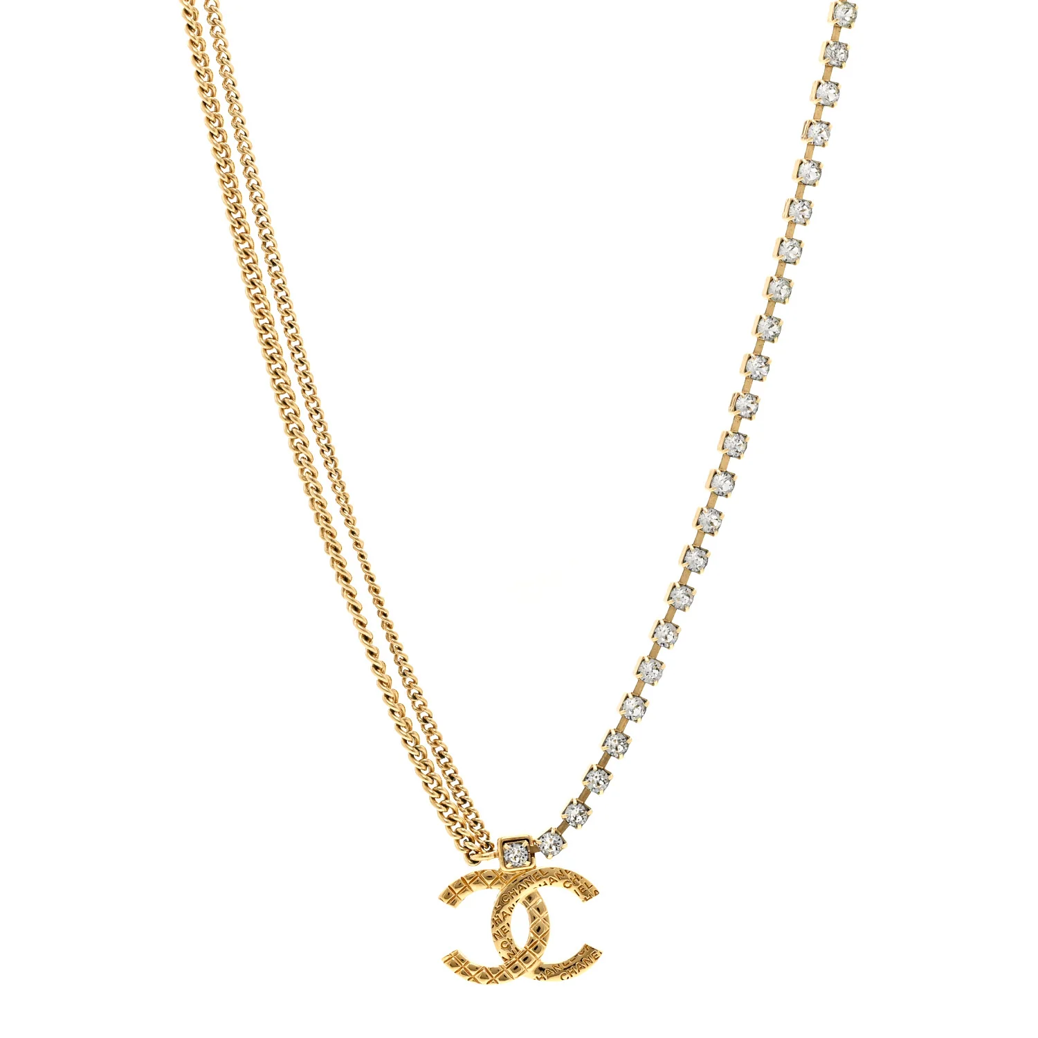 Metal Crystal Quilted CC Pendant Necklace Gold