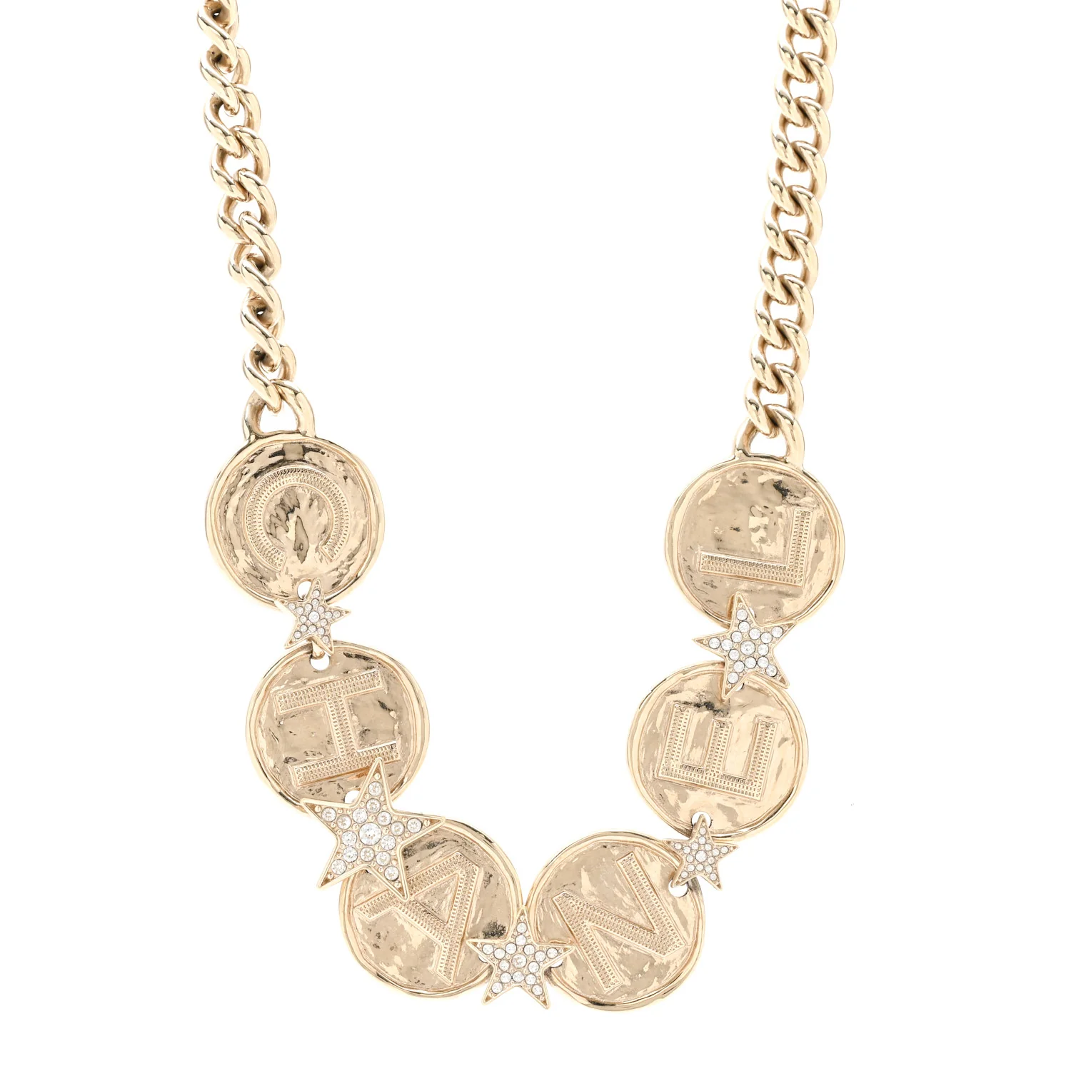 Metal Crystal Textured CC Logo Star Chain Choker Necklace Gold