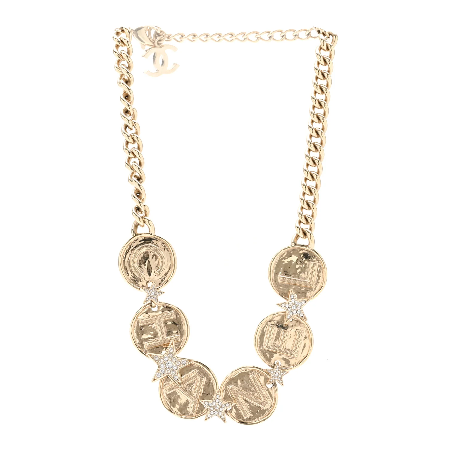 Metal Crystal Textured CC Logo Star Chain Choker Necklace Gold - Image 3