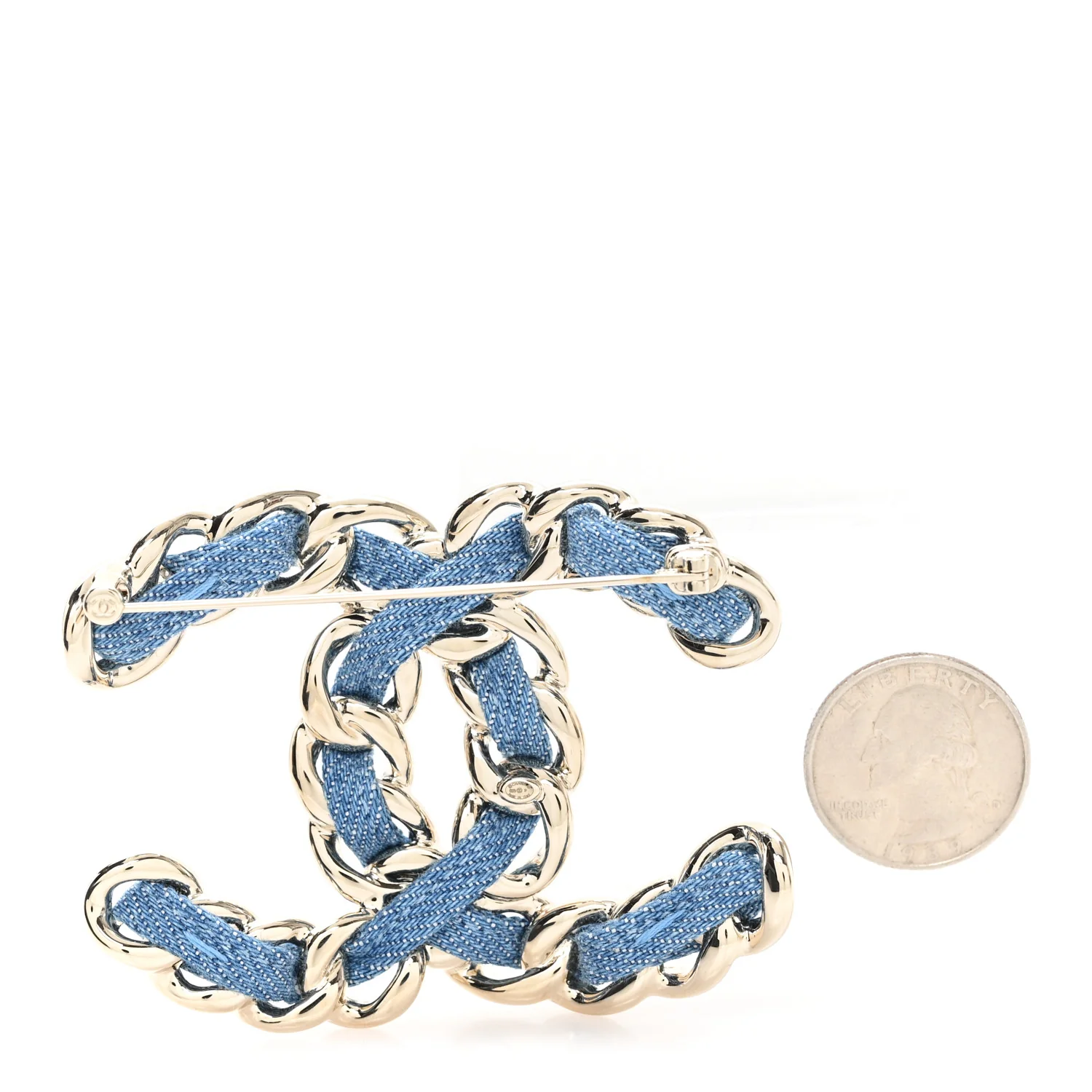 Metal Denim Braided CC Brooch Blue Gold - Image 2