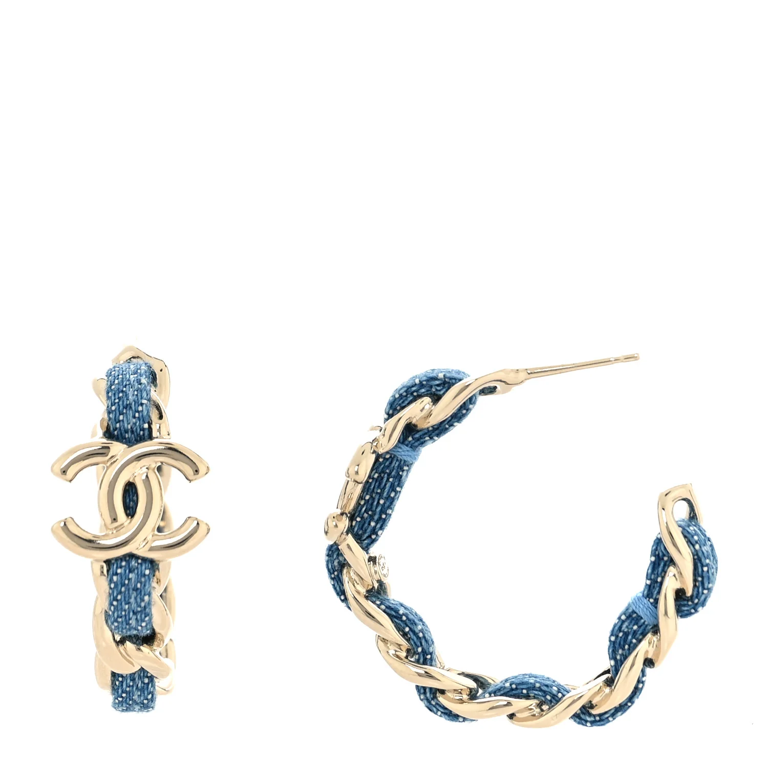 Metal Denim CC Chain Hoop Earrings Gold Blue - Image 2