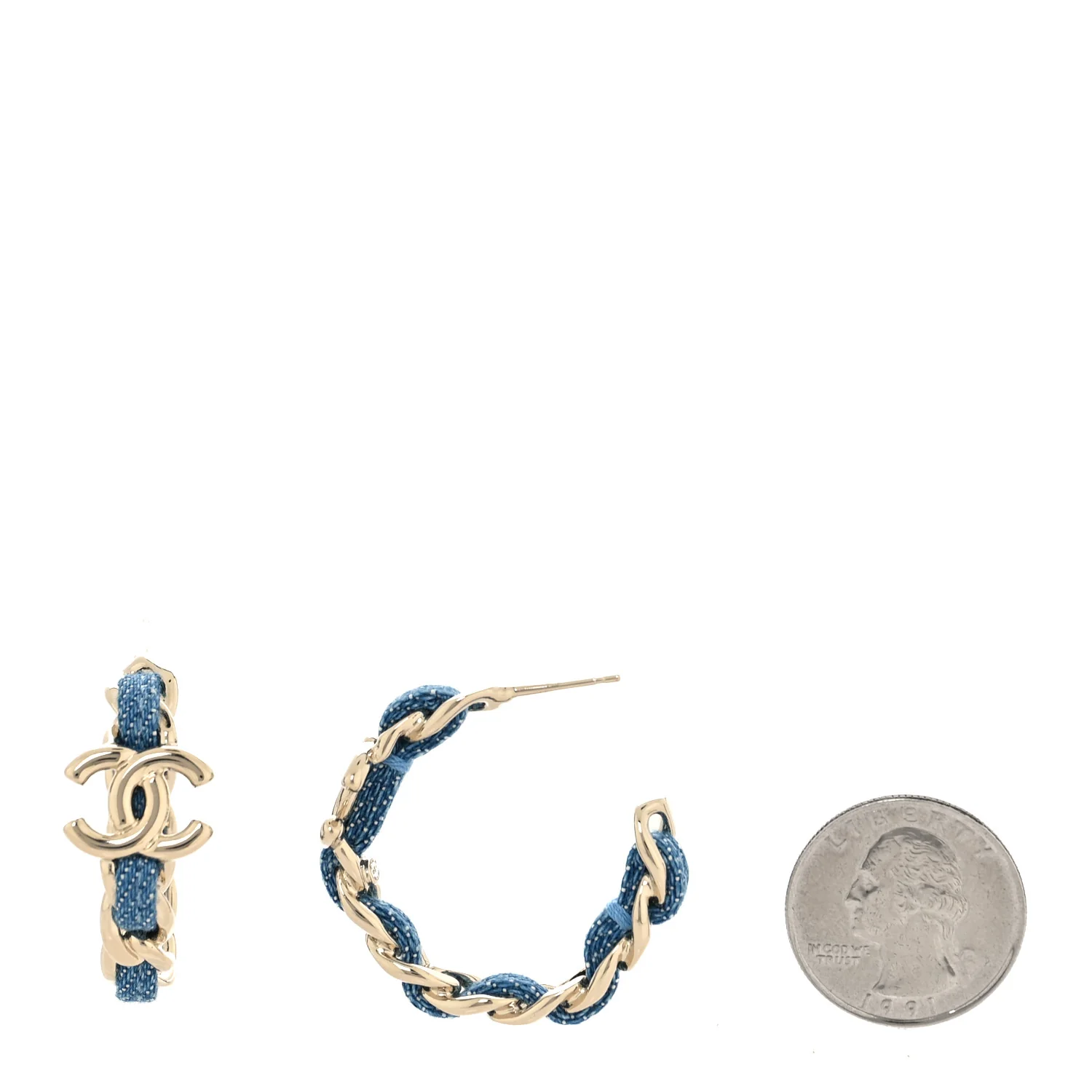 Metal Denim CC Chain Hoop Earrings Gold Blue - Image 3
