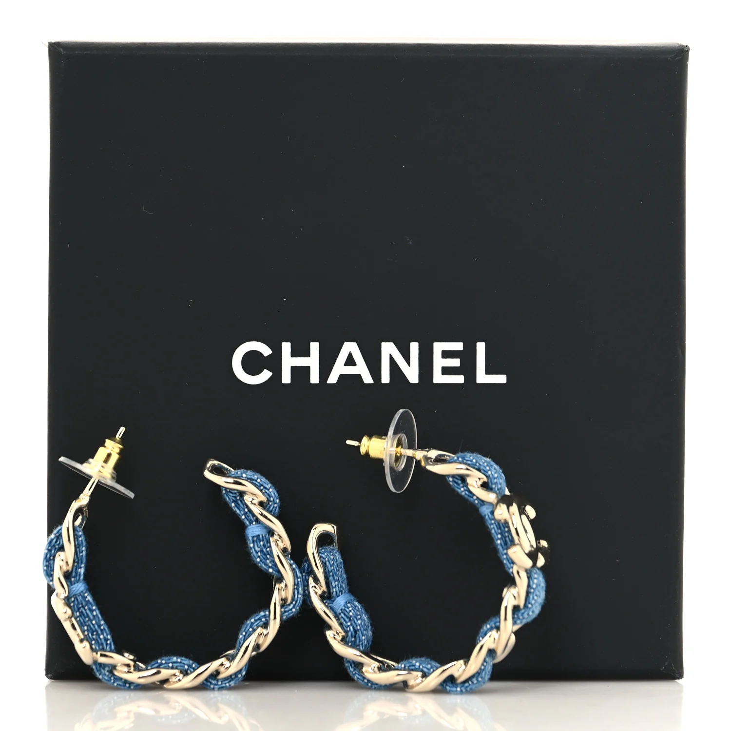 Metal Denim CC Chain Hoop Earrings Gold Blue - Image 8