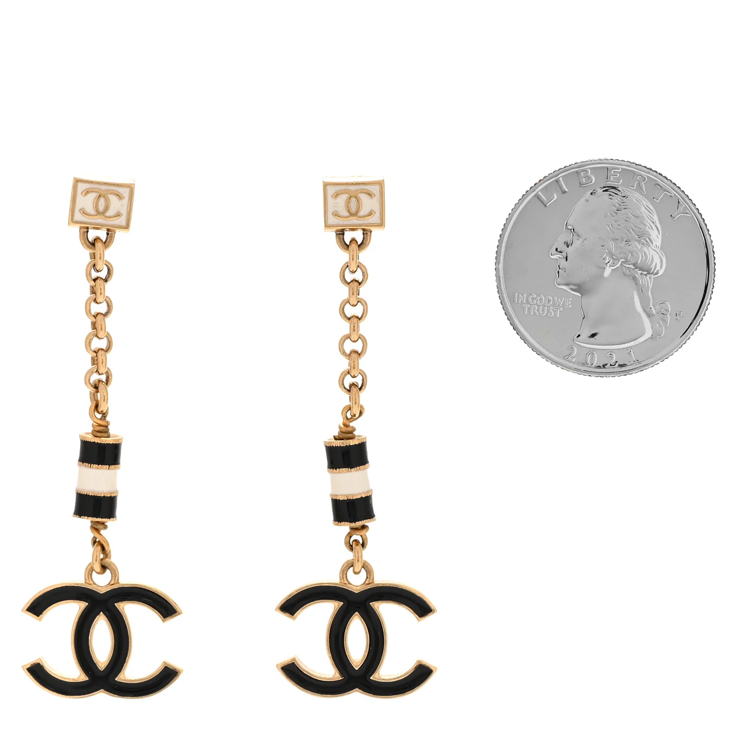 Metal Enamel CC Square Drop Earrings Black Gold White - Image 2
