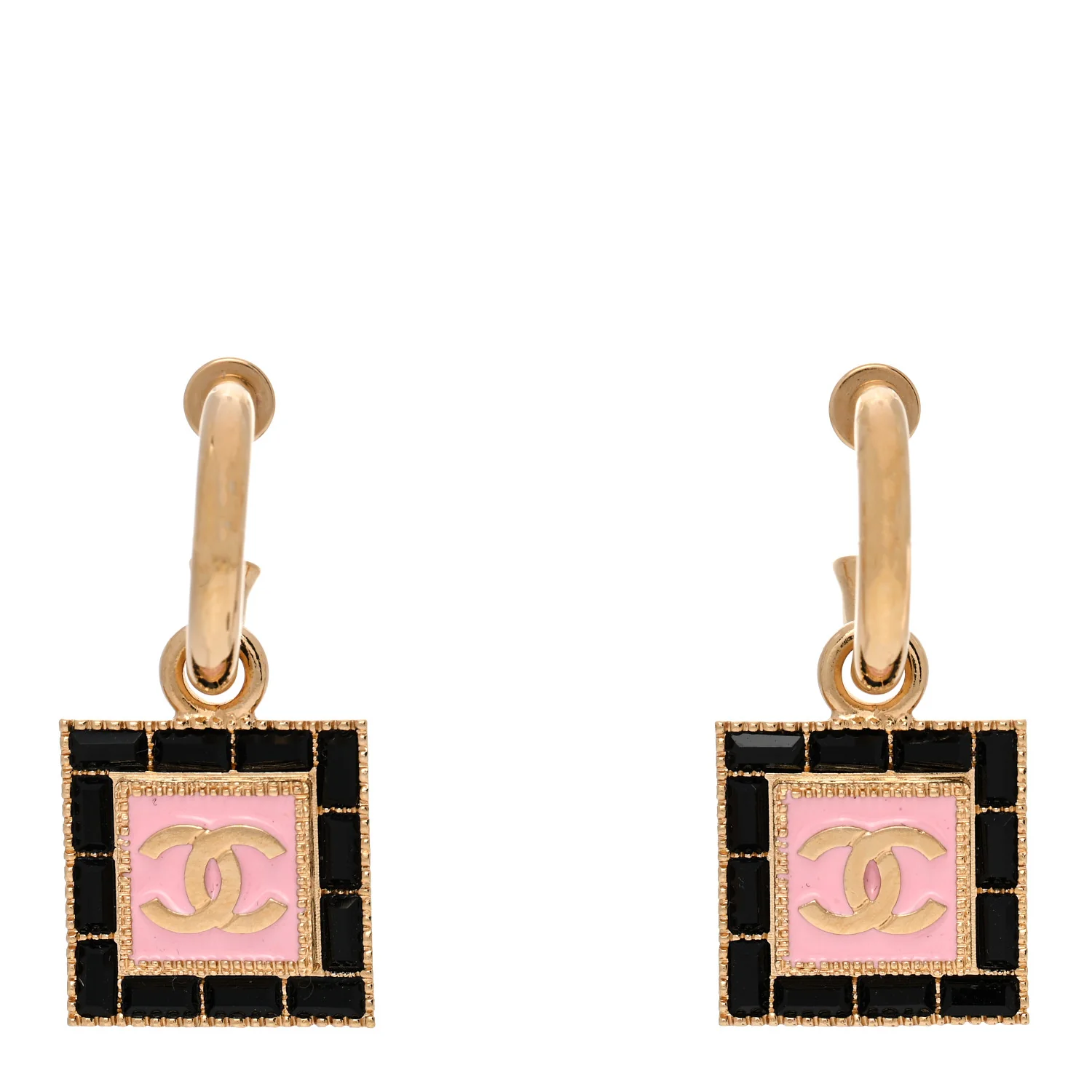 Metal Enamel CC Square Drop Earrings Gold Black Pink