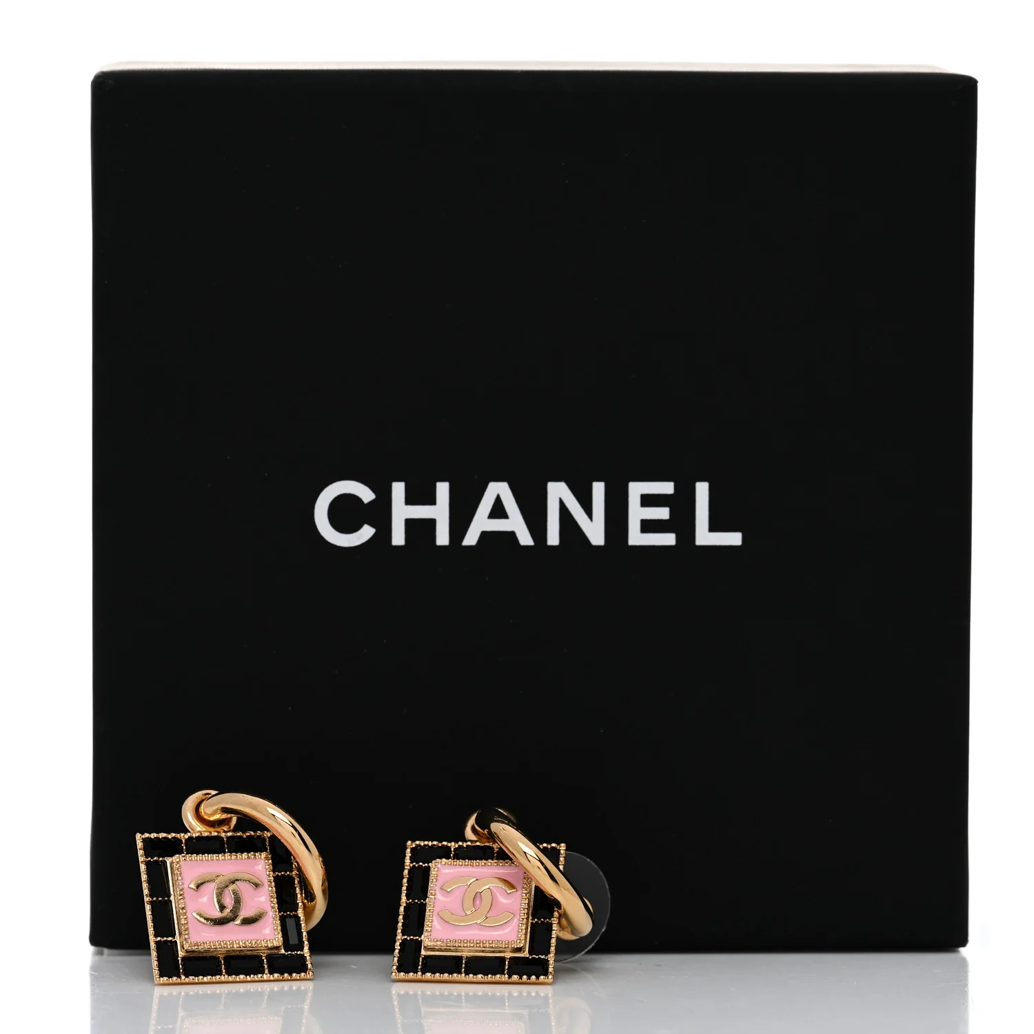 Metal Enamel CC Square Drop Earrings Gold Black Pink - Image 5