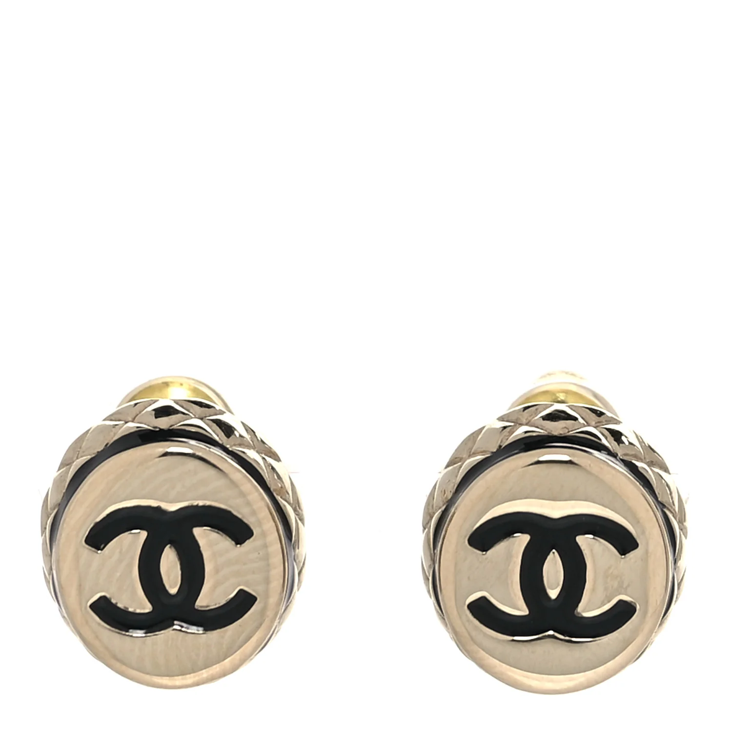Metal Enamel Quilted CC Stud Earrings Gold Black
