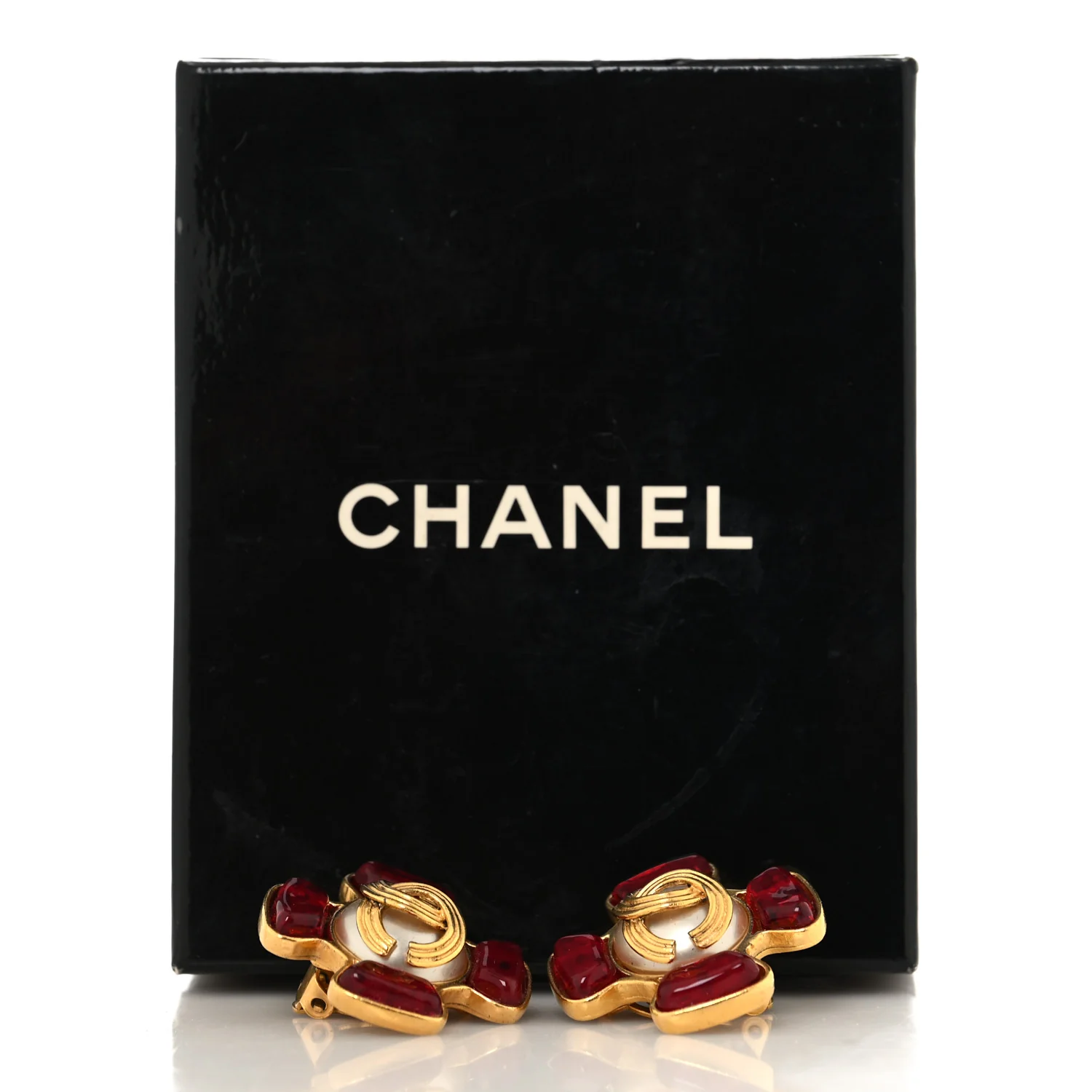 Metal Gripoix Pearl Clip On Earrings Gold Red - Image 10