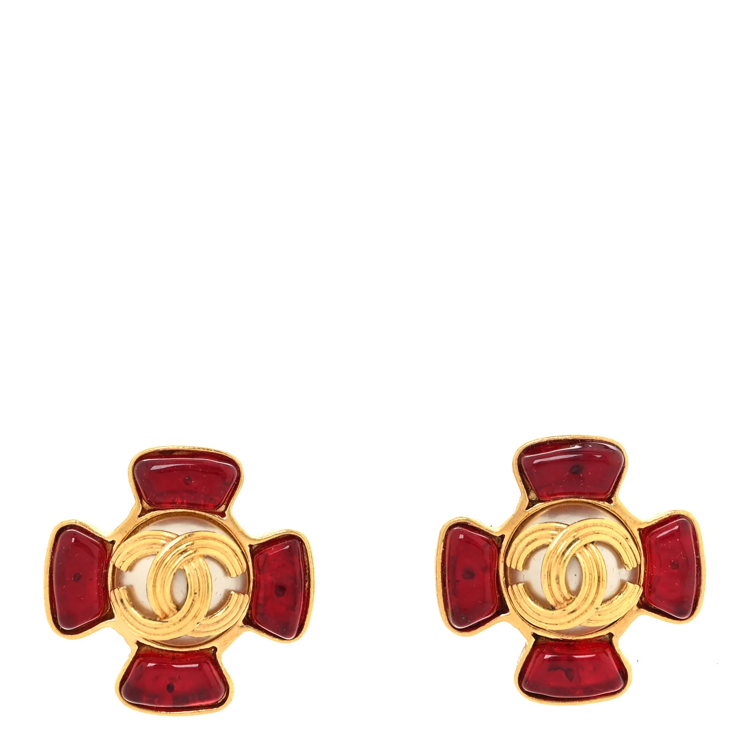 Metal Gripoix Pearl Clip On Earrings Gold Red - Image 2