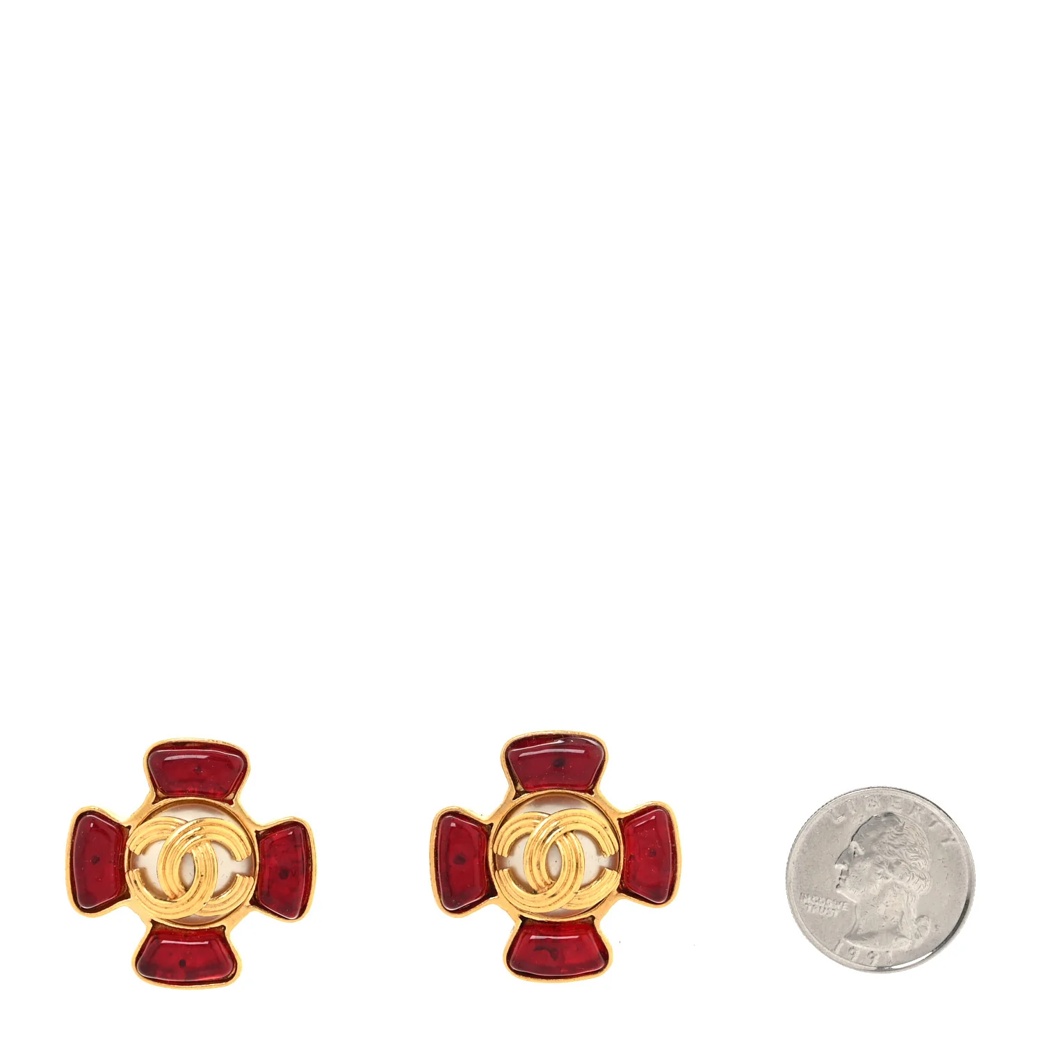 Metal Gripoix Pearl Clip On Earrings Gold Red - Image 3