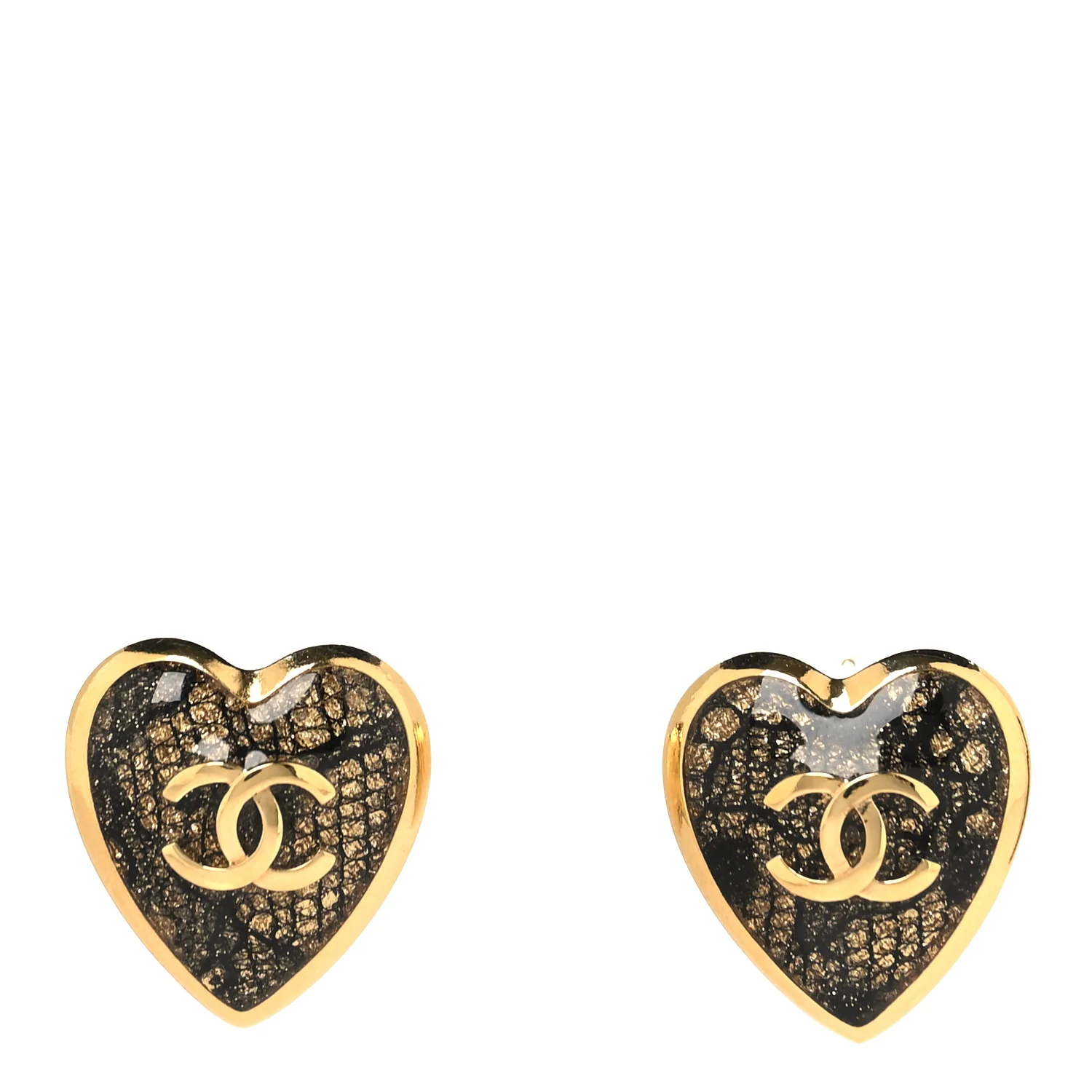 Metal Lace Resin Glass CC Heart Earrings Gold Black - Image 2