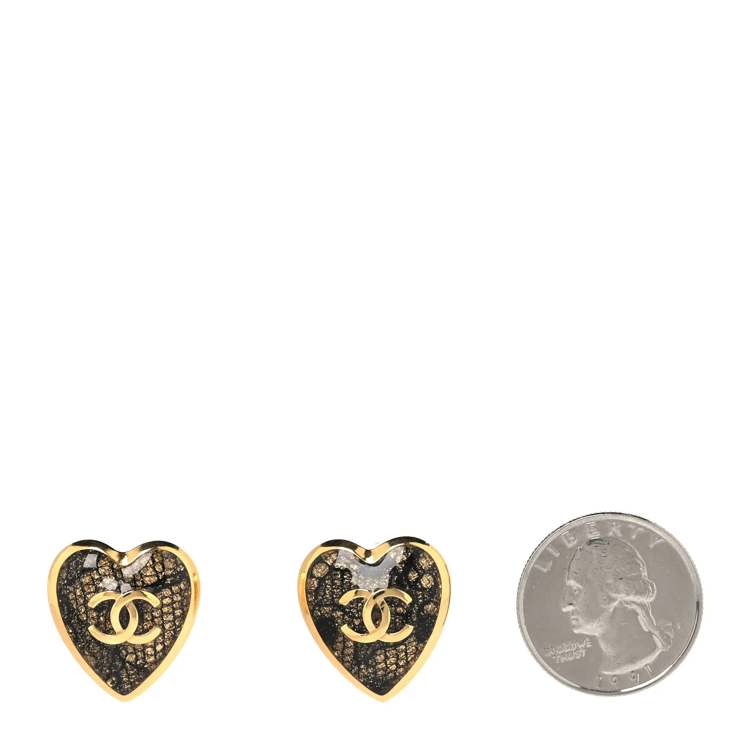 Metal Lace Resin Glass CC Heart Earrings Gold Black - Image 5