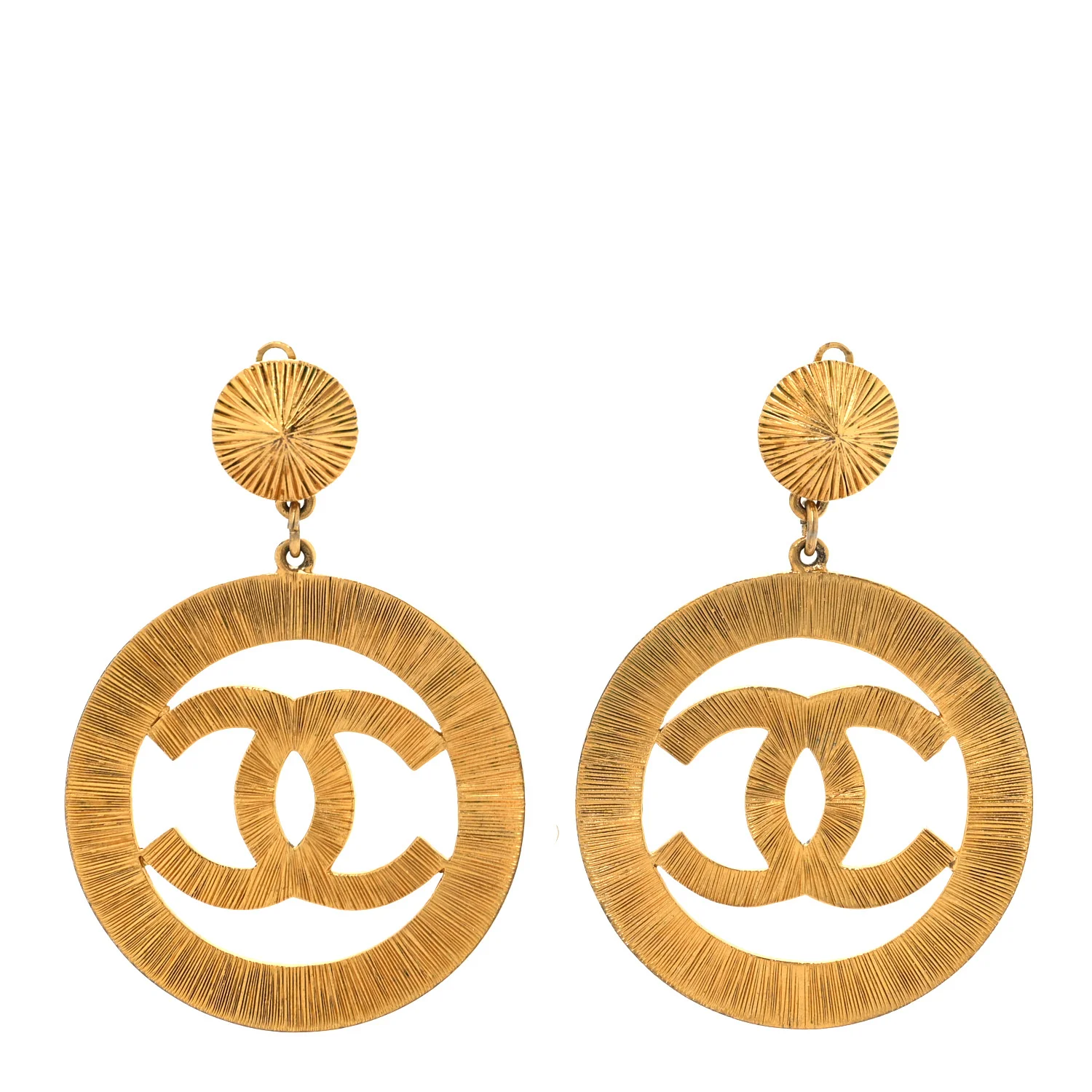 Metal Large Sunburst CC Button Earrings Gold - Image 2