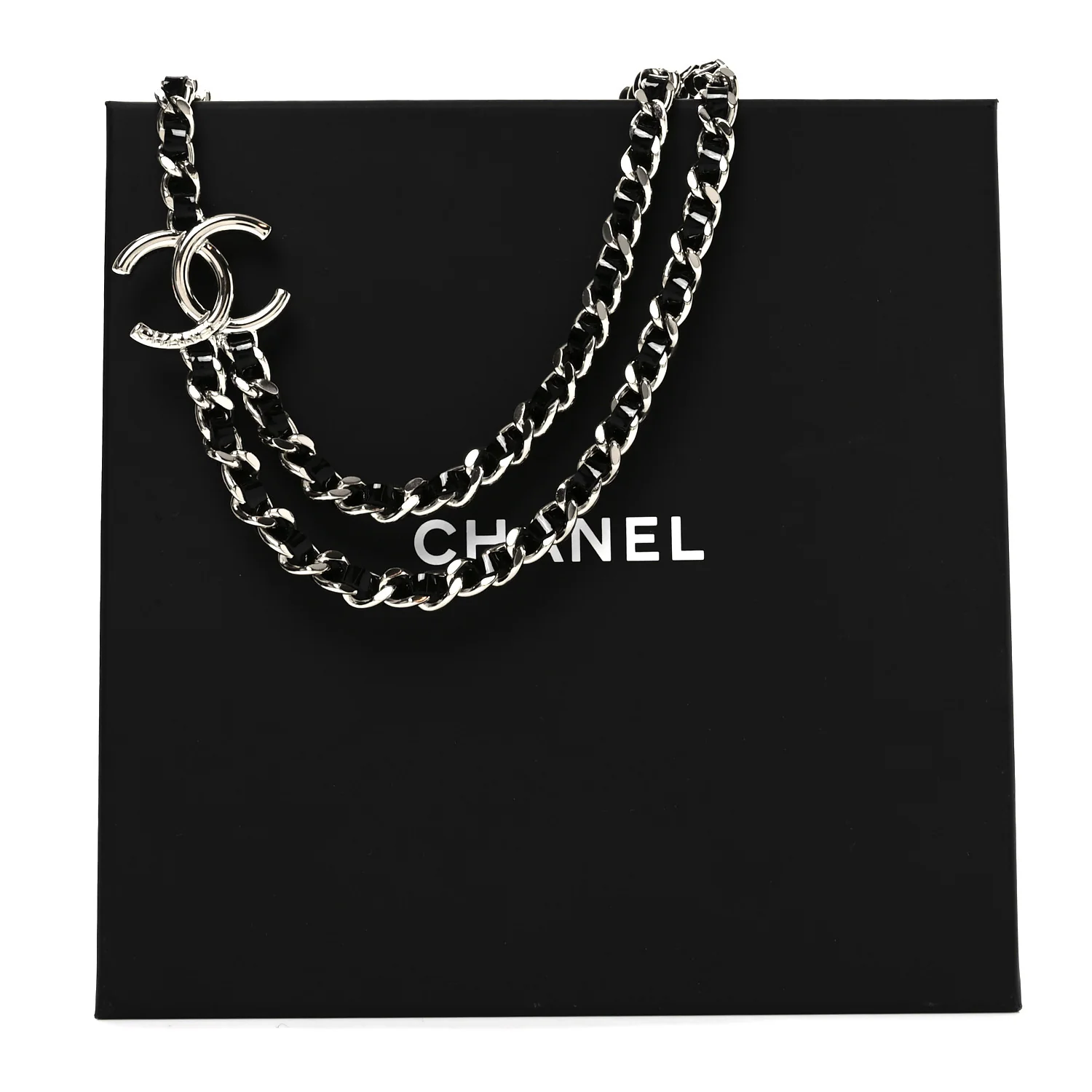 Metal Patent CC Double Chain Choker Black Silver - Image 5