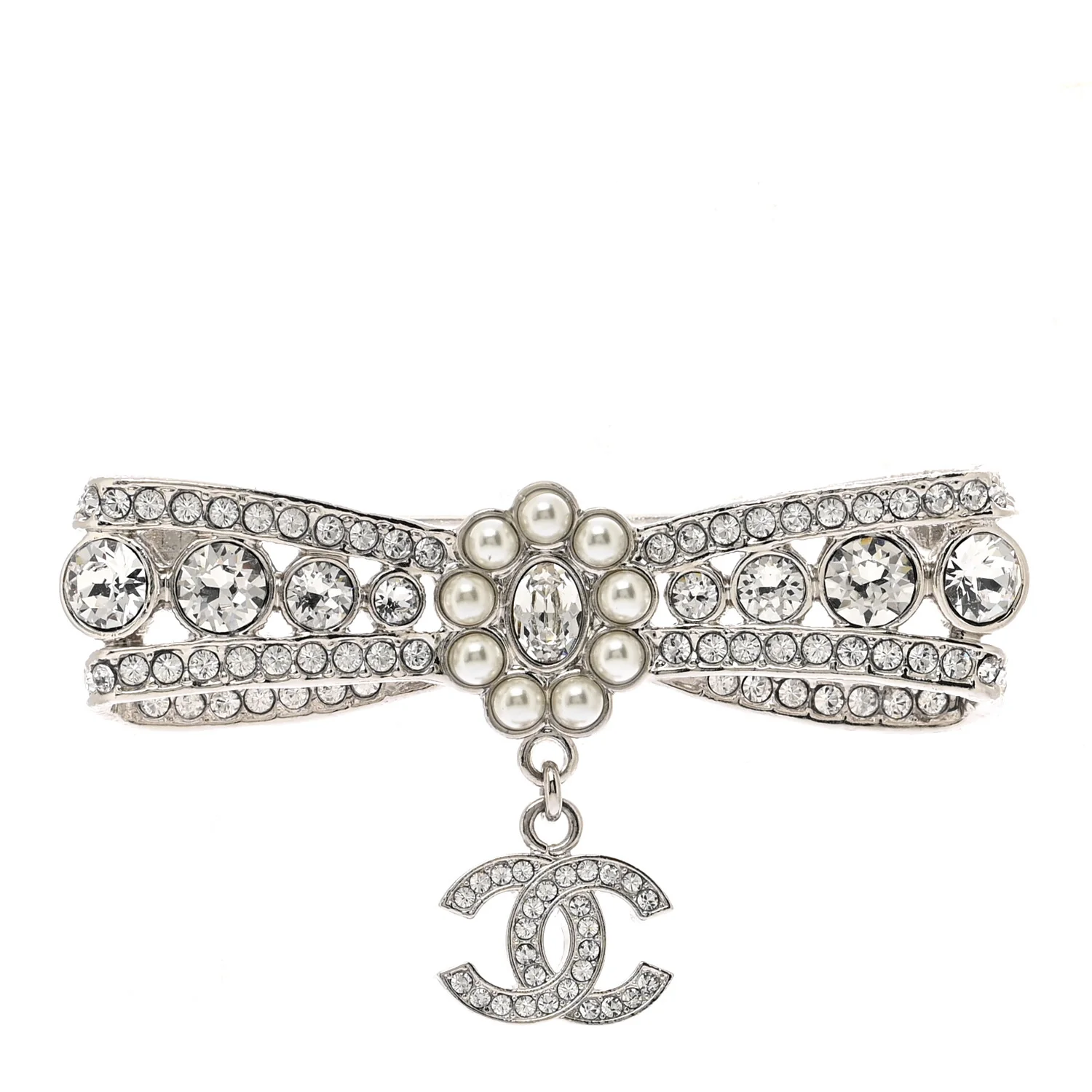 Metal Pearl Crystal CC Bow Brooch Silver