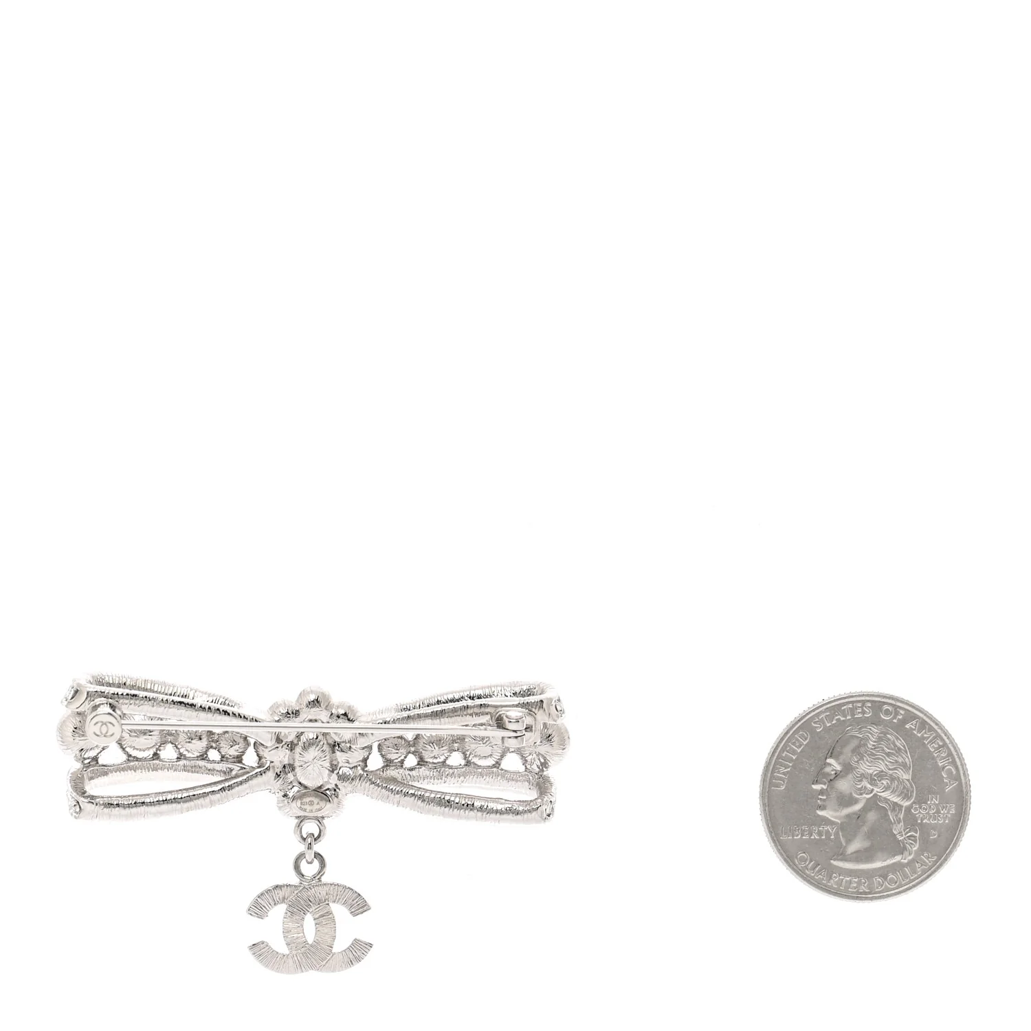 Metal Pearl Crystal CC Bow Brooch Silver - Image 2