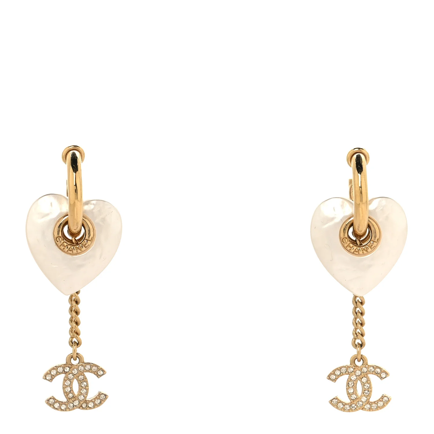 Metal Pearl Crystal Heart Chain Drop CC Earrings Gold White - Image 2