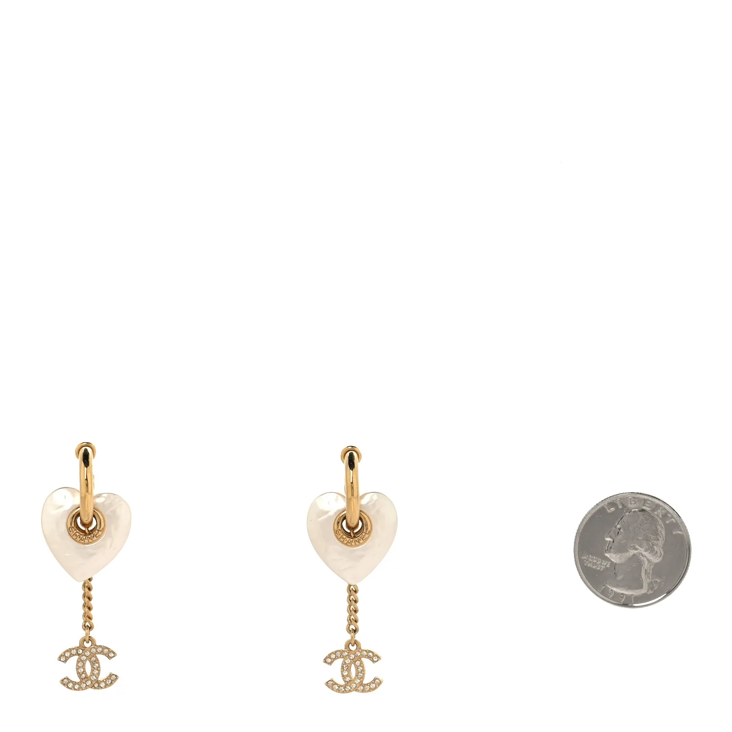 Metal Pearl Crystal Heart Chain Drop CC Earrings Gold White - Image 3