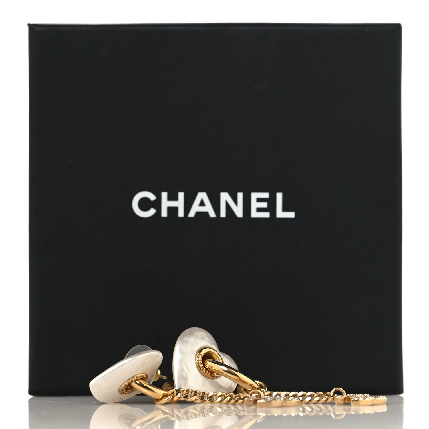 Metal Pearl Crystal Heart Chain Drop CC Earrings Gold White - Image 8