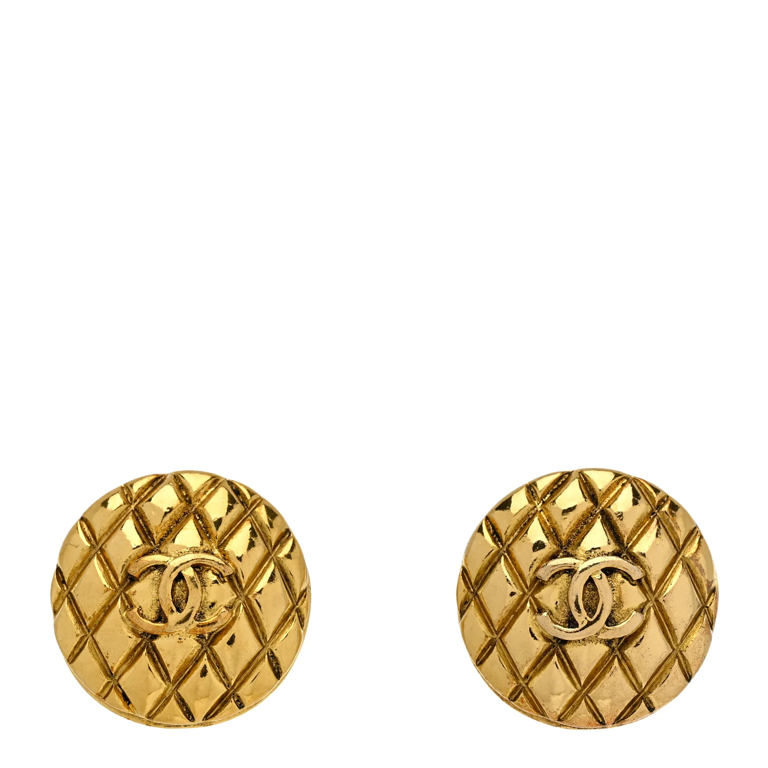 Metal Quilted Round CC Clip On Earrings Gold