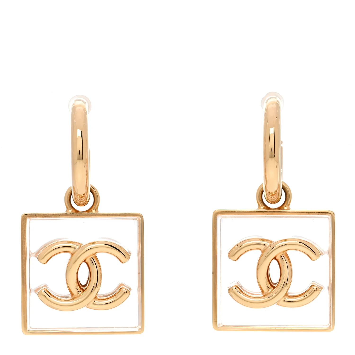 Metal Resin CC Square Drop Earrings Gold Transparent - Image 2