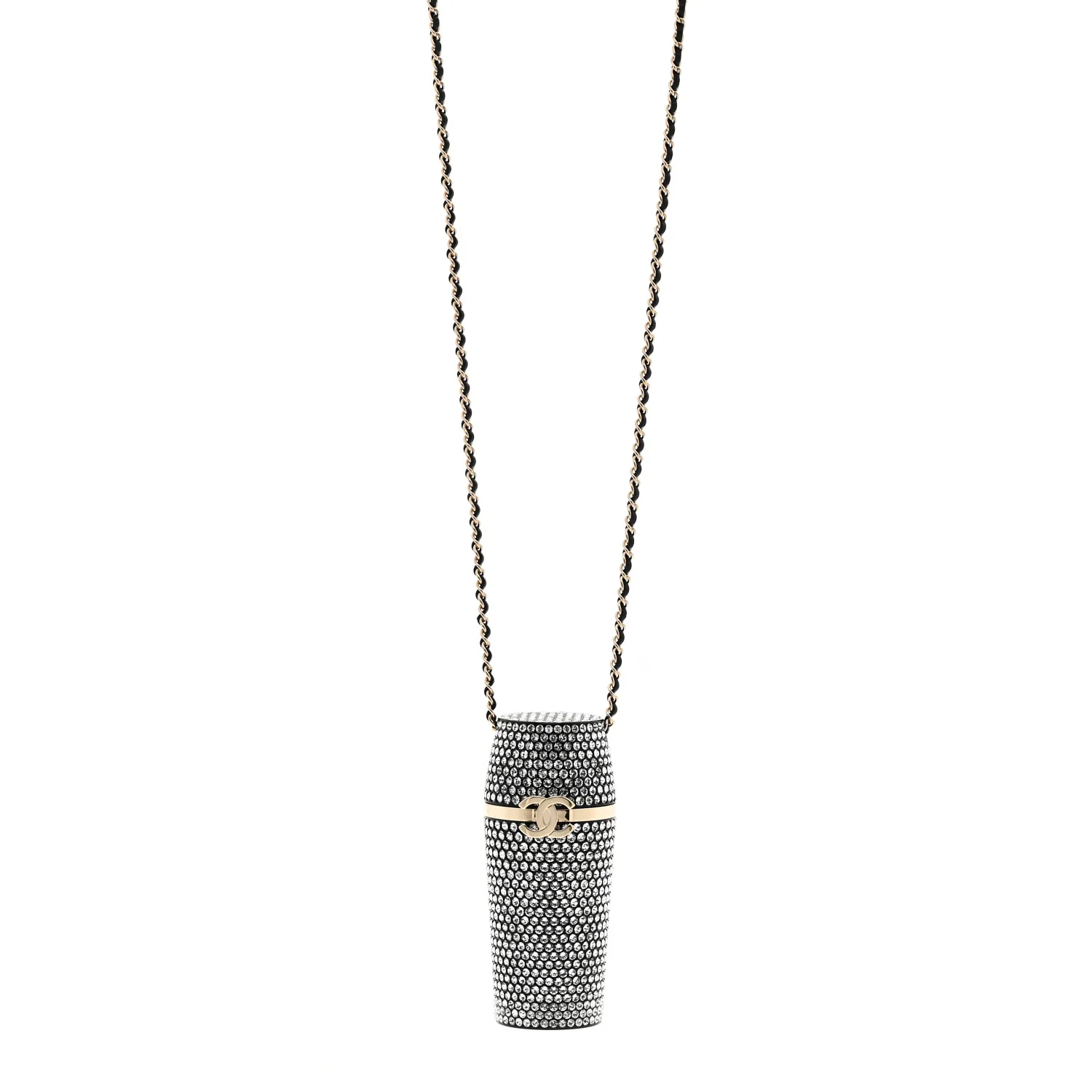 Metal Resin Lambskin Crystal Lipstick Case Long Necklace On Chain Silver Black Gold