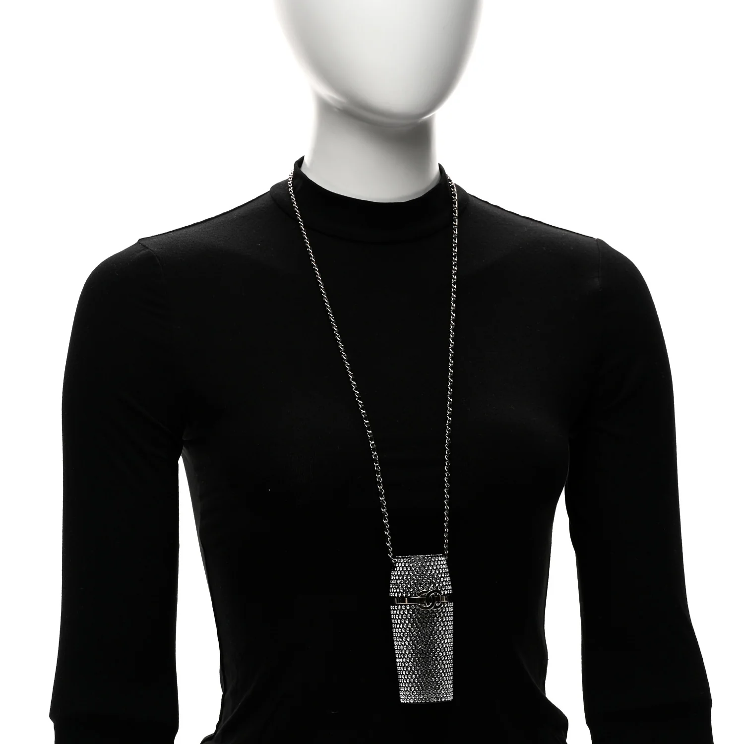 Metal Resin Lambskin Crystal Lipstick Case Long Necklace On Chain Silver Black Gold - Image 2
