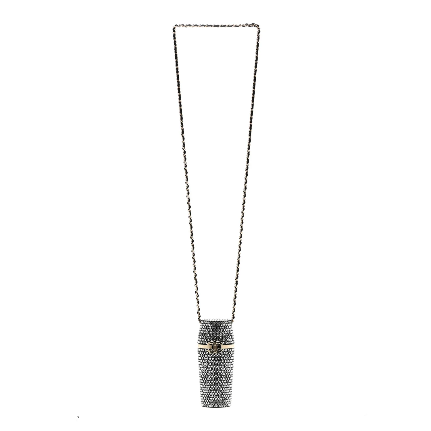 Metal Resin Lambskin Crystal Lipstick Case Long Necklace On Chain Silver Black Gold - Image 3