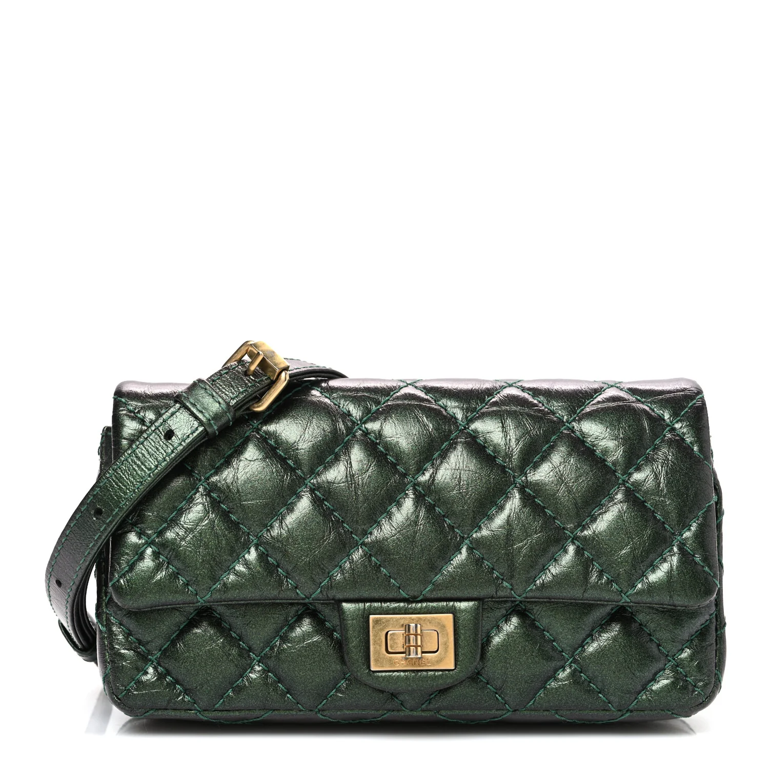 Metallic Aged Calfskin Quilted 2.55 Reissue Flap Belt Bag Clutch Green