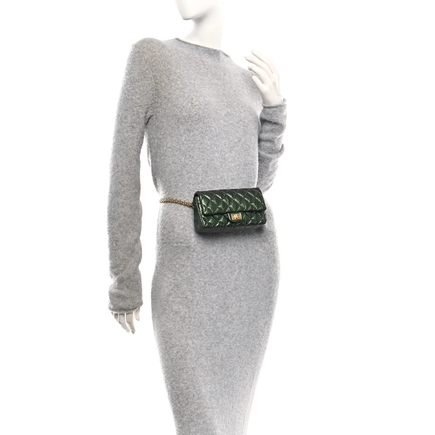 Metallic Aged Calfskin Quilted 2.55 Reissue Flap Belt Bag Clutch Green - Image 2