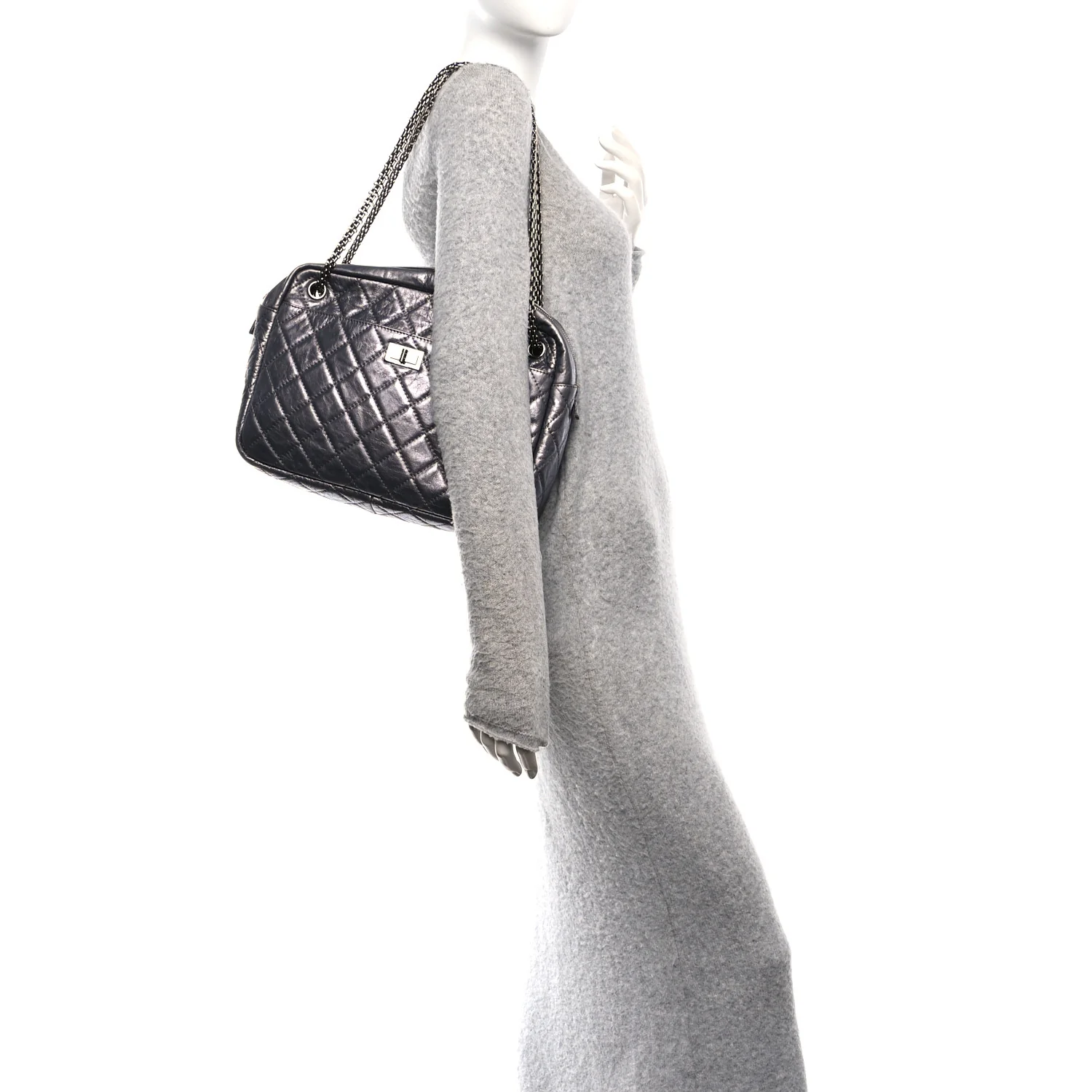Metallic Aged Calfskin Quilted Large Reissue Camera Case Dark Silver - Image 2