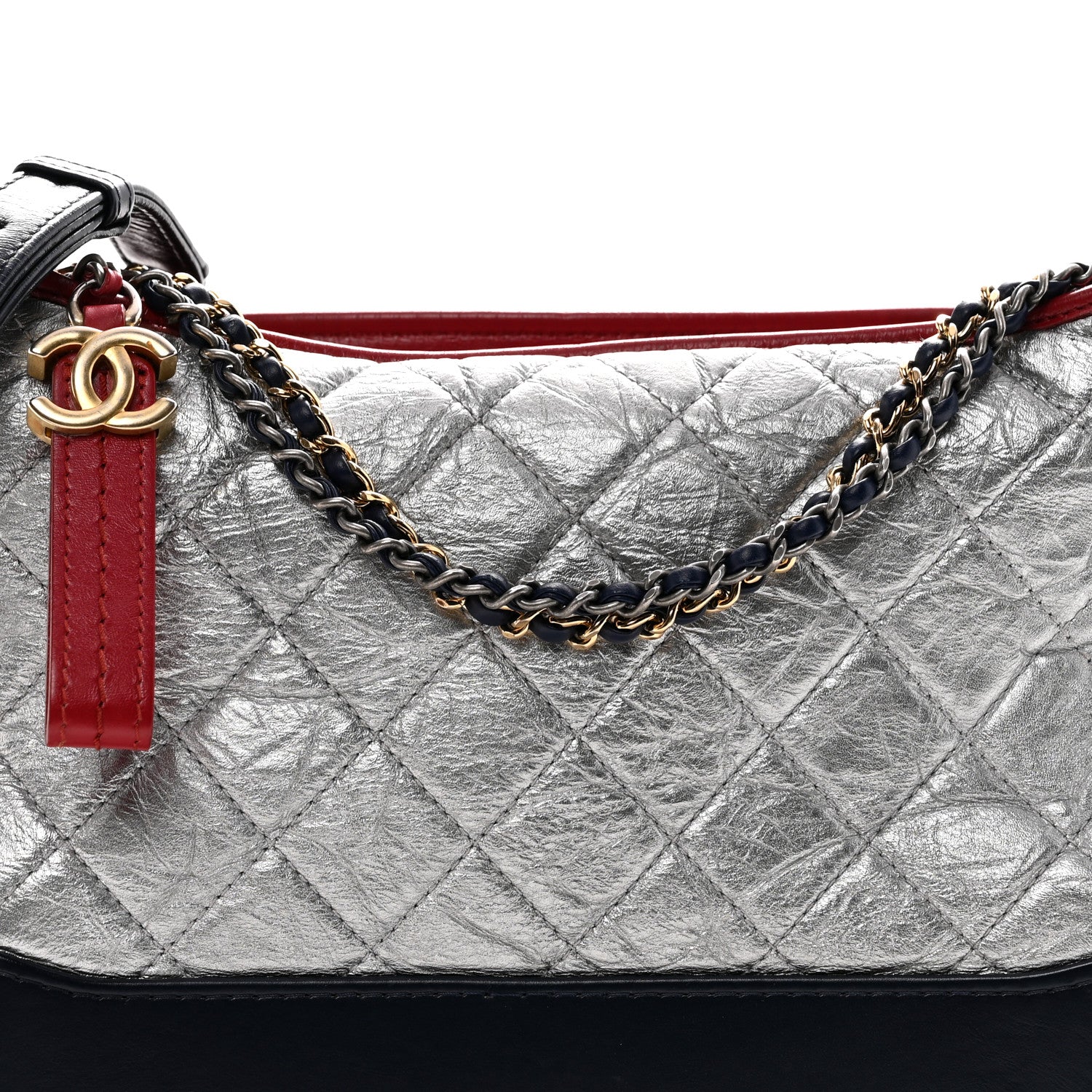 Metallic Aged Calfskin Quilted Medium Gabrielle Hobo Silver Navy Red - Image 8