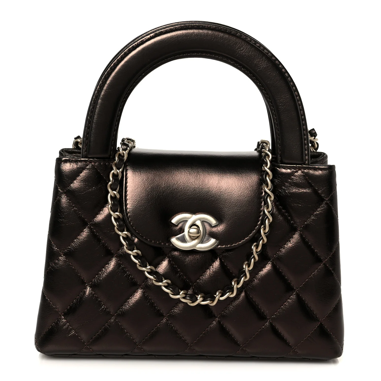 Metallic Aged Calfskin Quilted Nano Kelly Shopper Light Brown