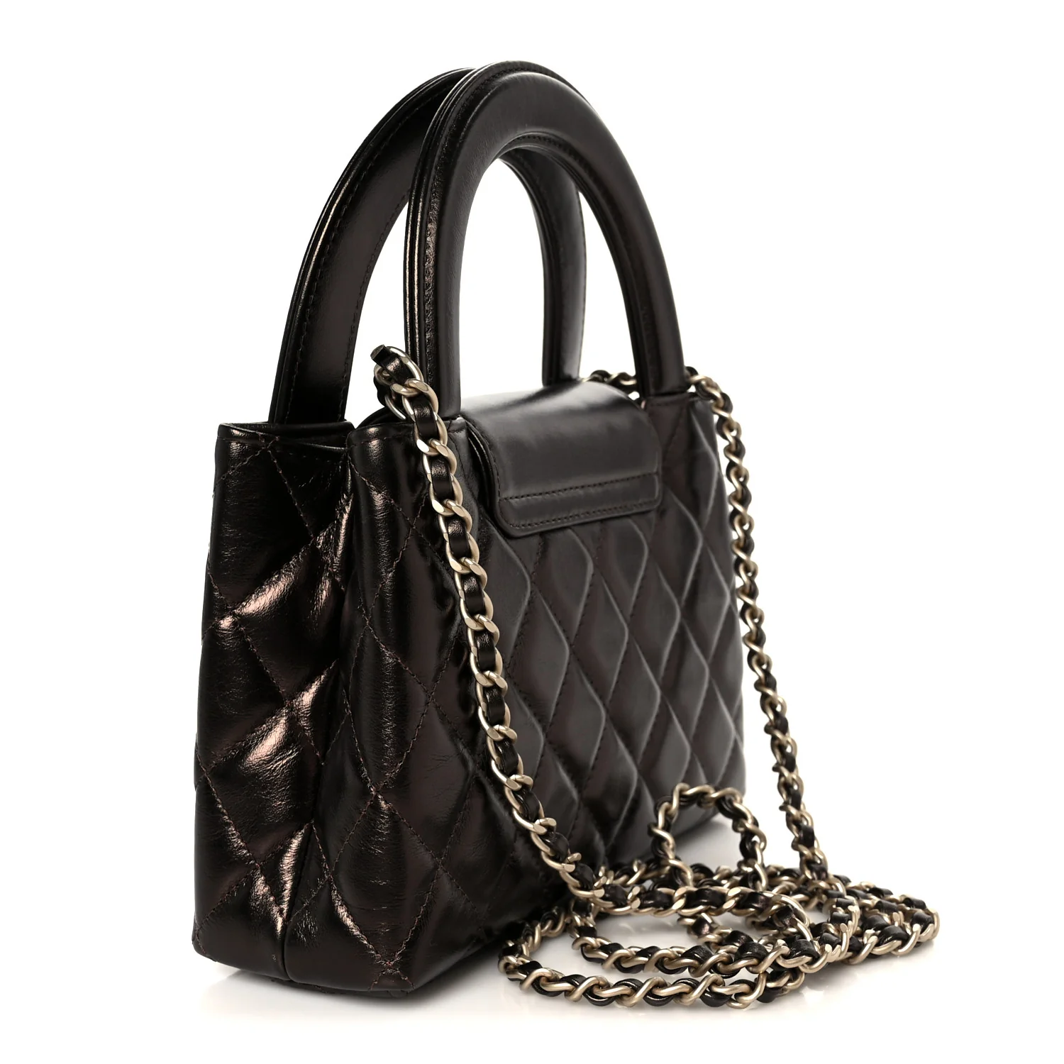 Metallic Aged Calfskin Quilted Nano Kelly Shopper Light Brown - Image 2
