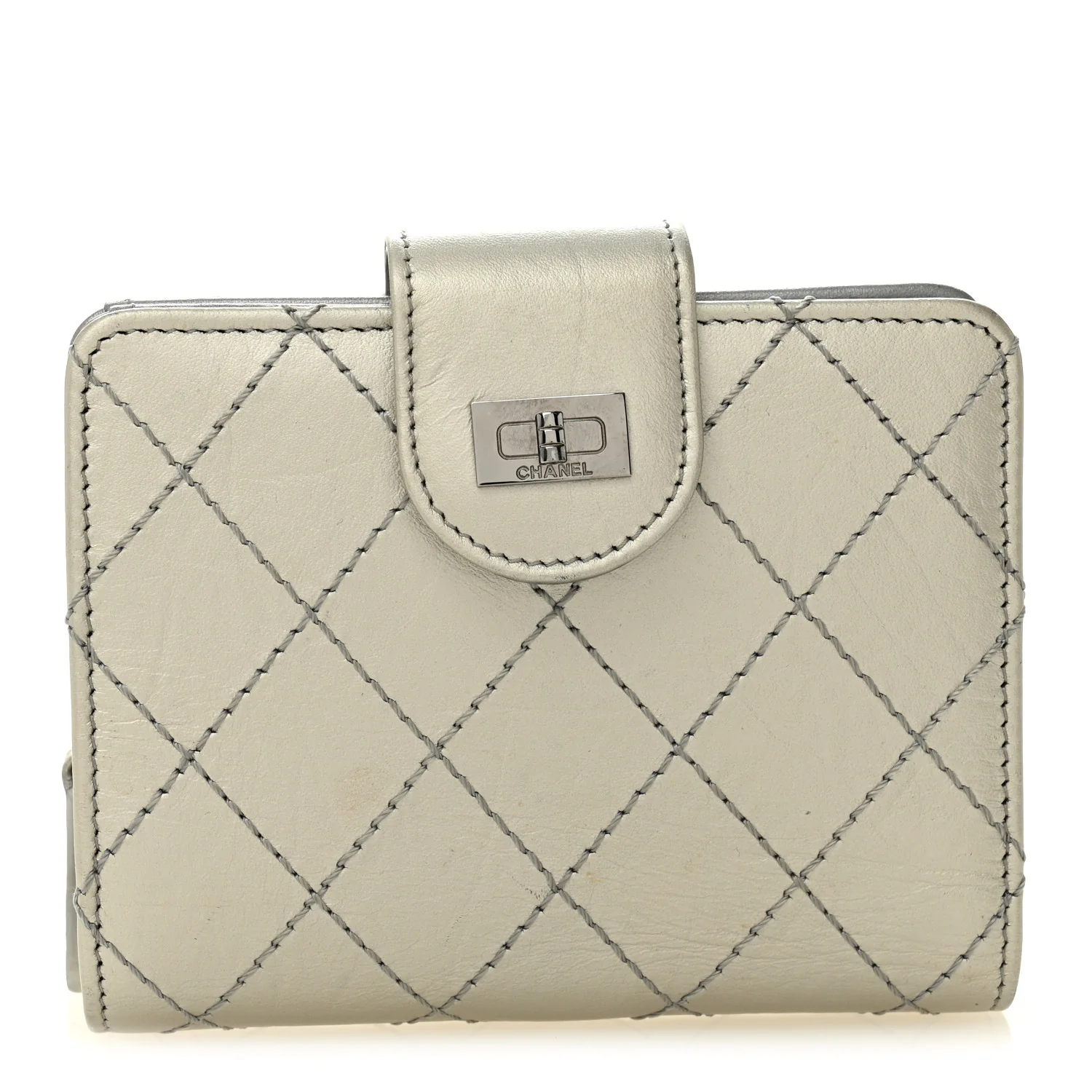 Metallic Aged Calfskin Stitched Reissue Compact Wallet Silver