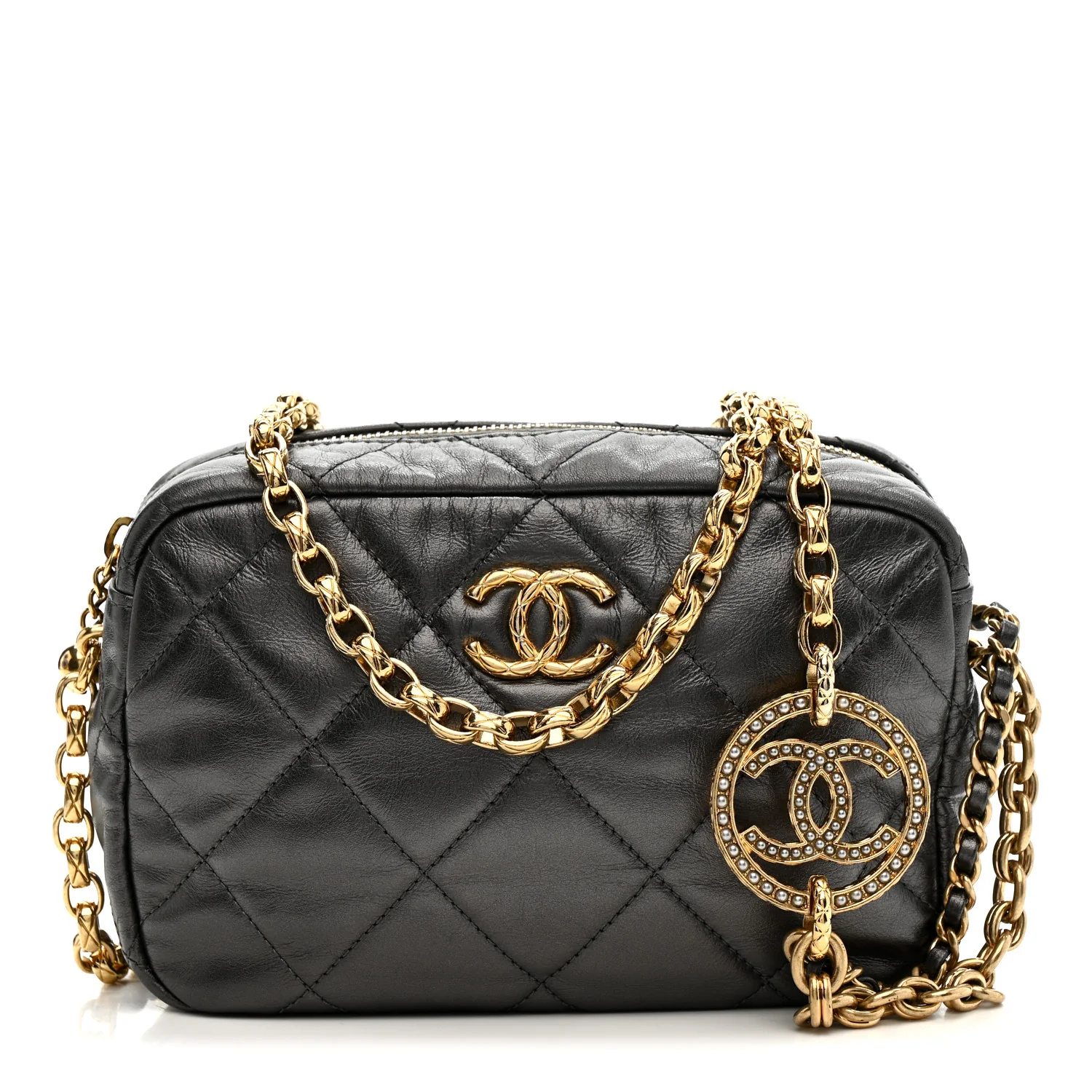 Metallic Calfskin Pearl Quilted CC Mini Camera Case Ruthenium