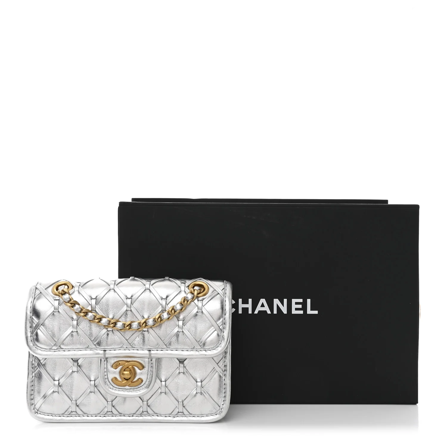 Metallic Calfskin Quilted Braided Mini Rectangular Flap Silver - Image 11