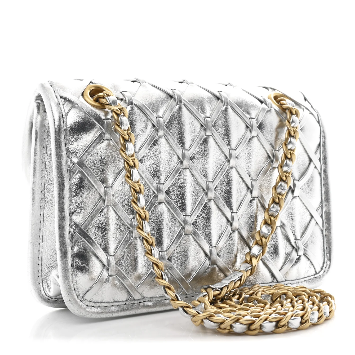 Metallic Calfskin Quilted Braided Mini Rectangular Flap Silver - Image 3