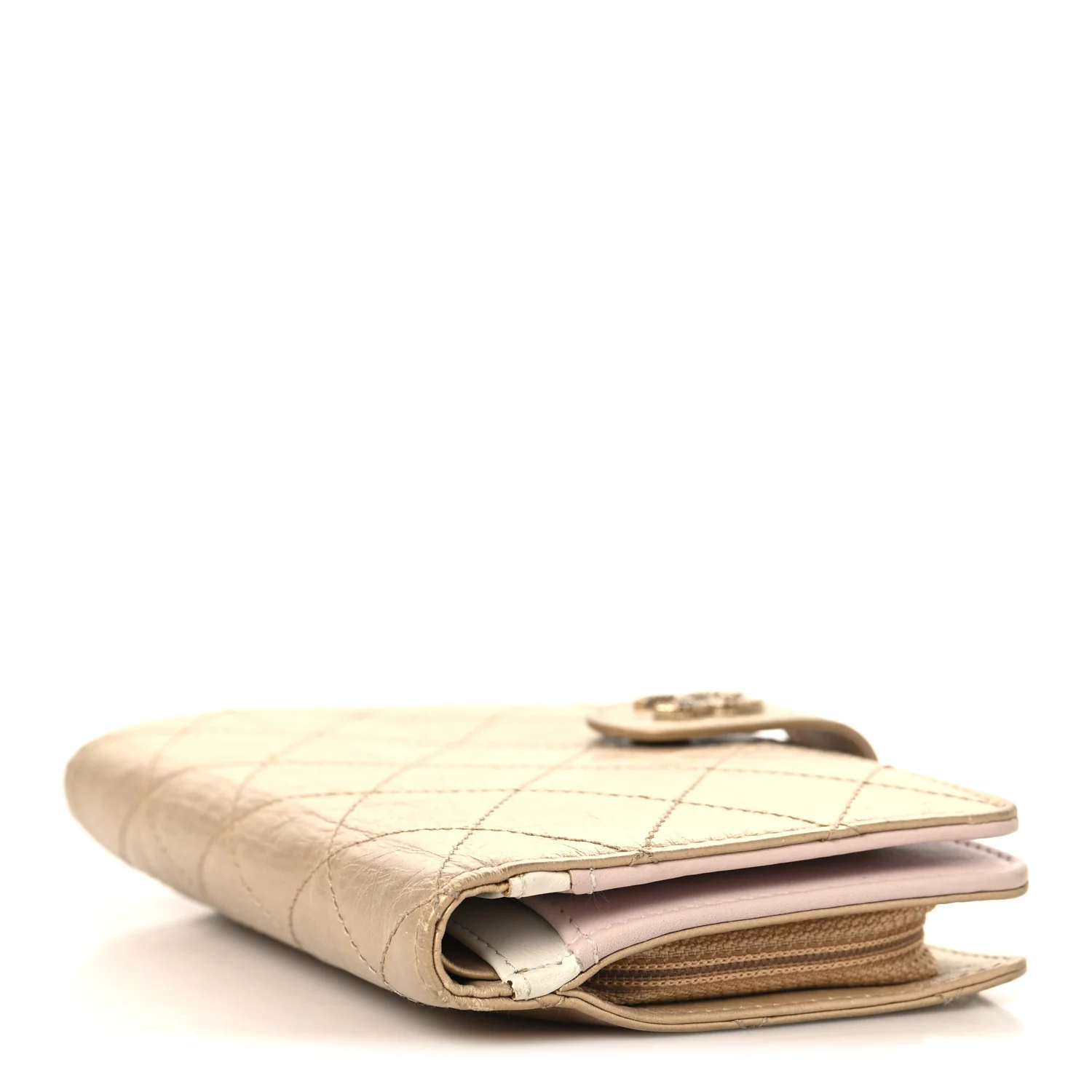 Metallic Calfskin Quilted Brilliant Zipped Pocket Wallet Gold - Image 4