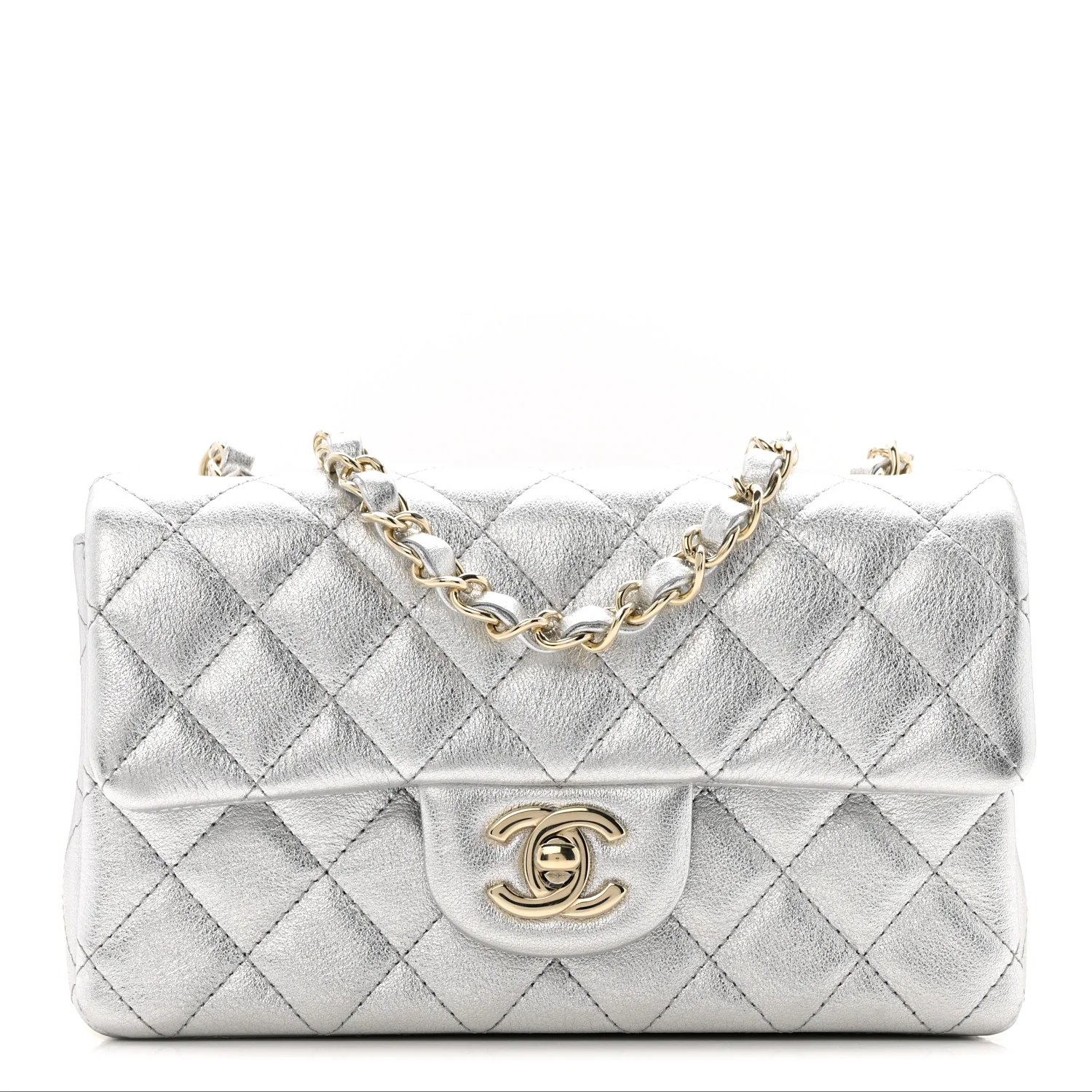 Metallic Calfskin Quilted Mini Rectangular Flap Silvery