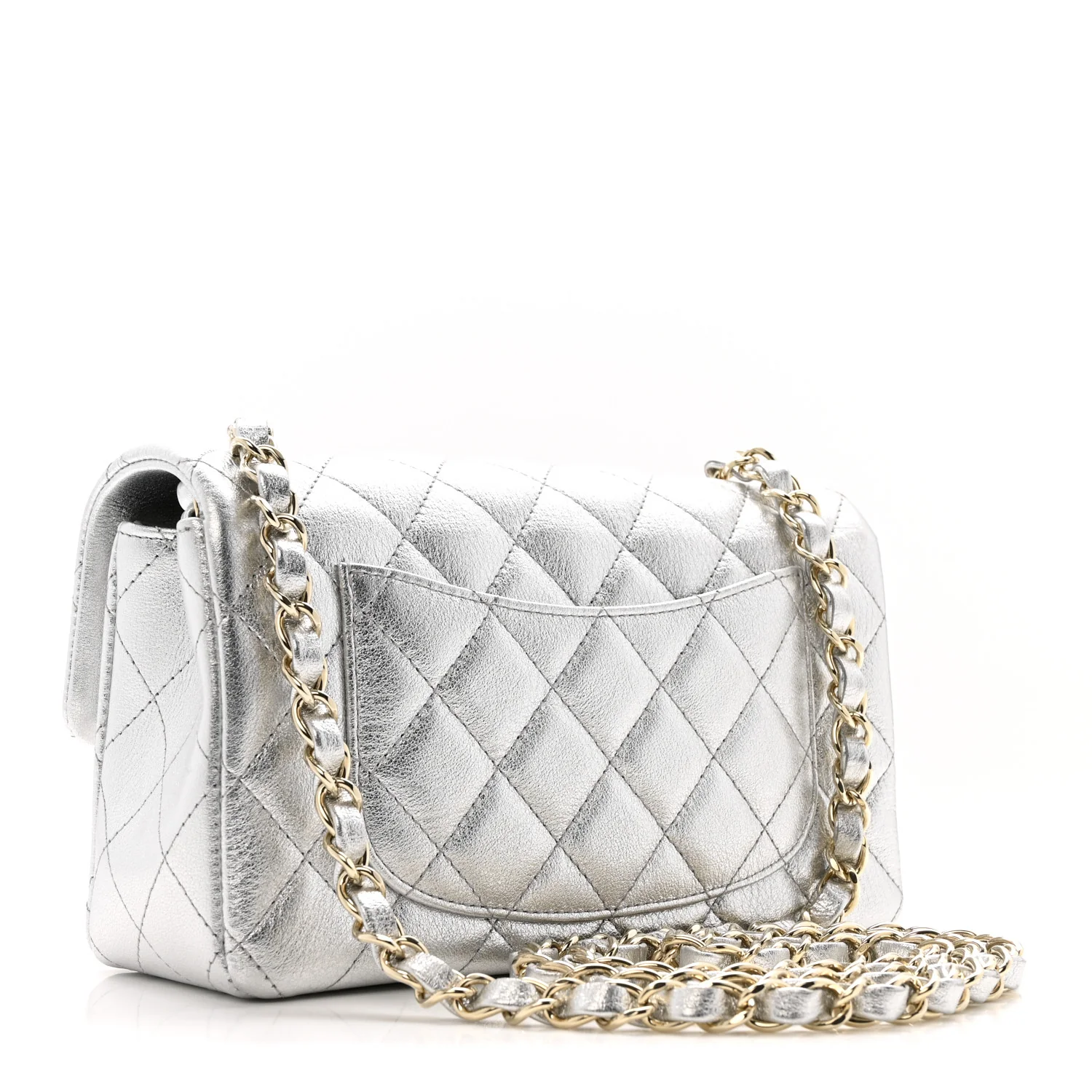 Metallic Calfskin Quilted Mini Rectangular Flap Silvery - Image 3