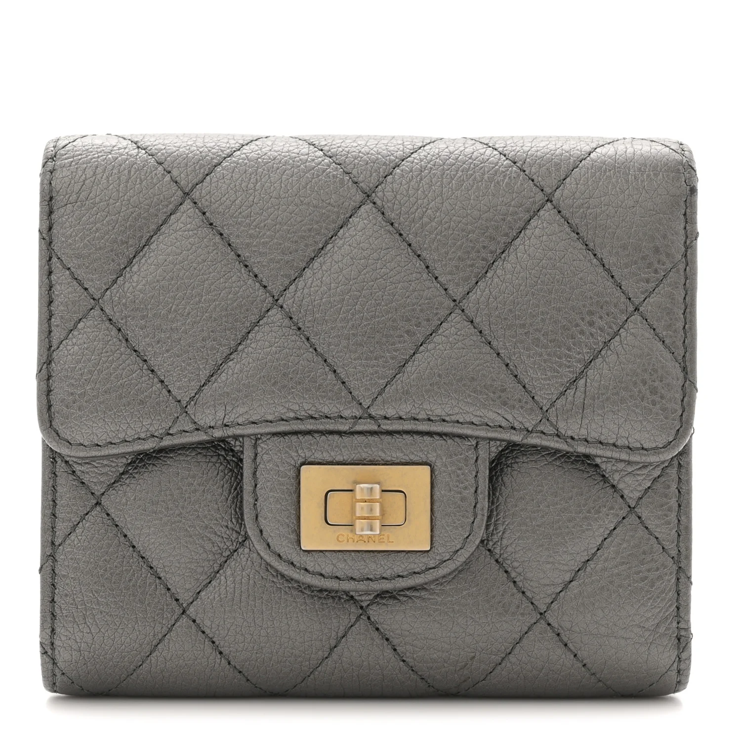 Metallic Calfskin Quilted Reissue Flap Card Holder Wallet Dark Grey