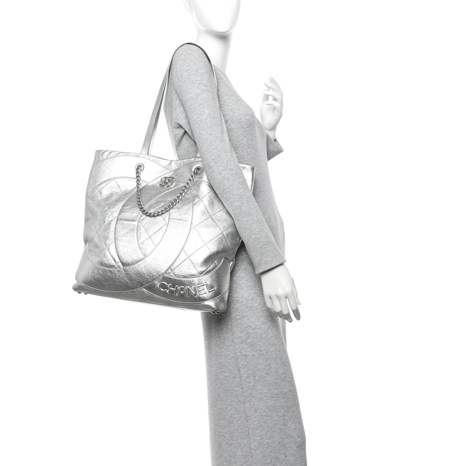 Metallic Calfskin Stitched CC Club Monaco Tote Silver - Image 2