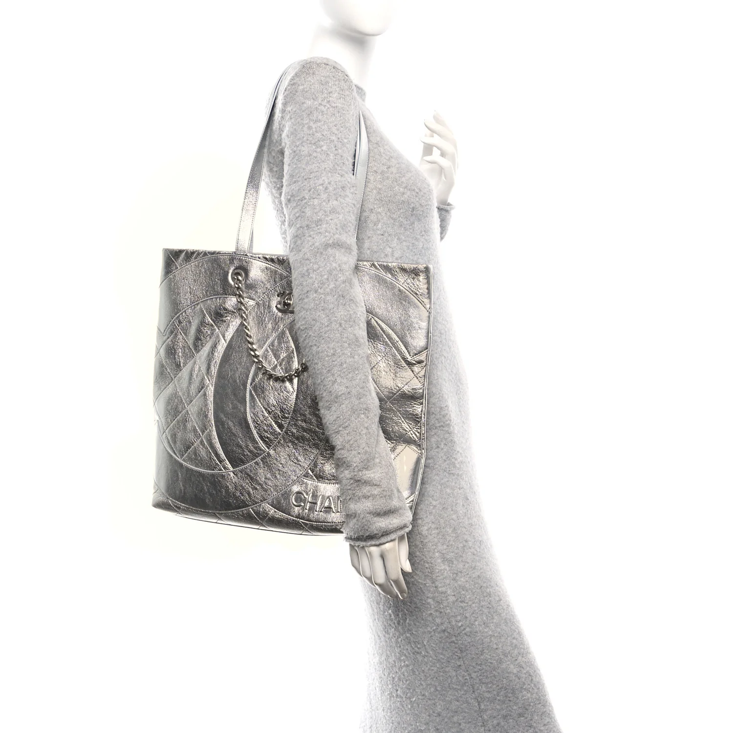 Metallic Calfskin Stitched CC Shopper Tote Silvery - Image 2